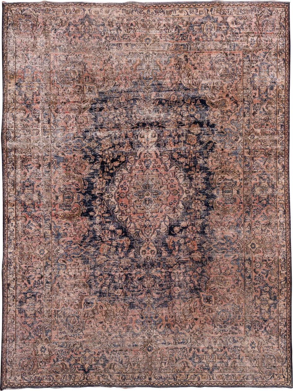 9' x 12' one-of-a-kind handmade vintage Distressed large size rug. Color palette: blush, taupe, charcoal, ivory, rose, slate