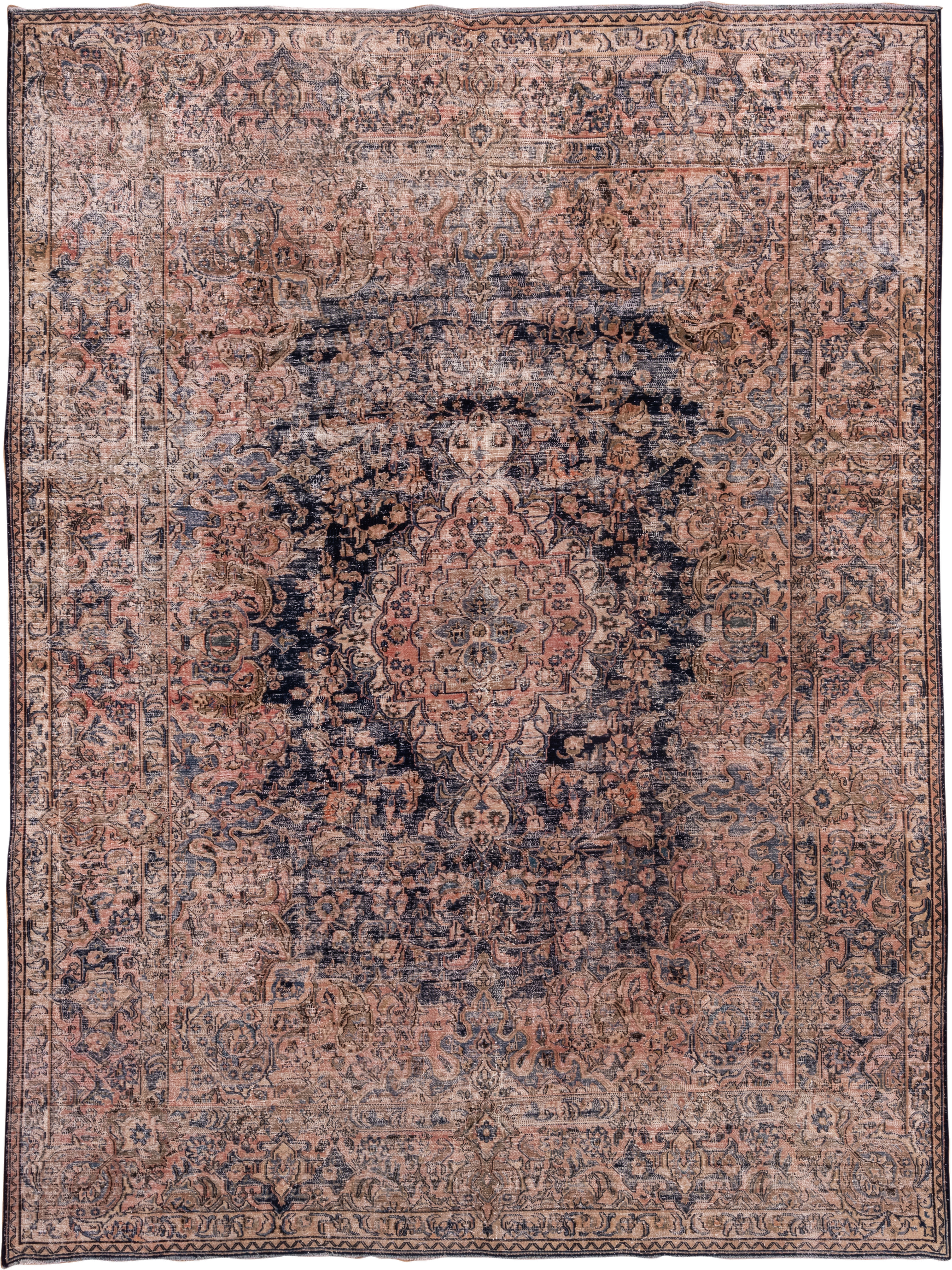 9' x 12' one-of-a-kind handmade vintage Distressed large size rug. Color palette: blush, taupe, charcoal, ivory, rose, slate