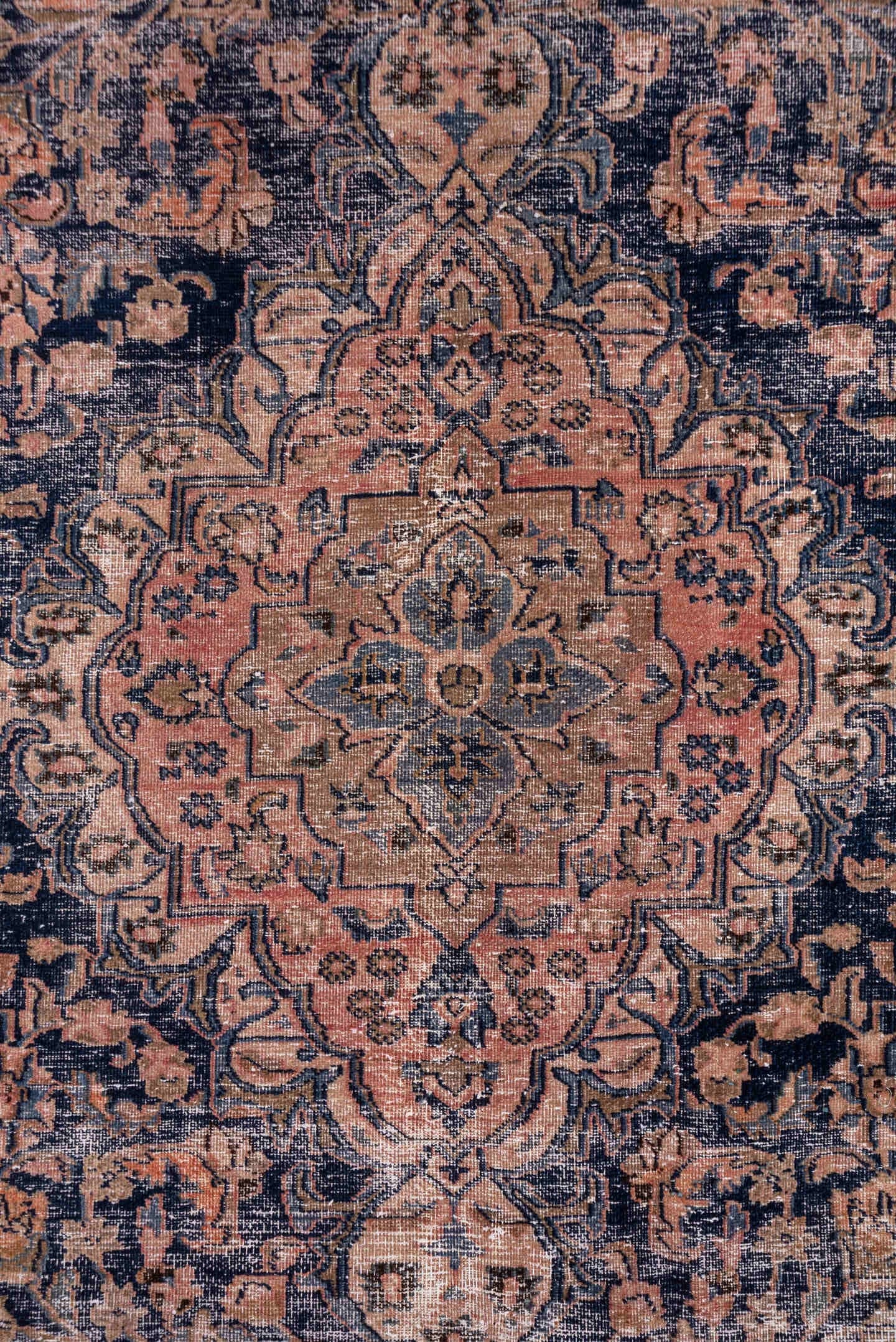 9' x 12' one-of-a-kind handmade vintage Distressed large size rug. Color palette: blush, taupe, charcoal, ivory, rose, slate