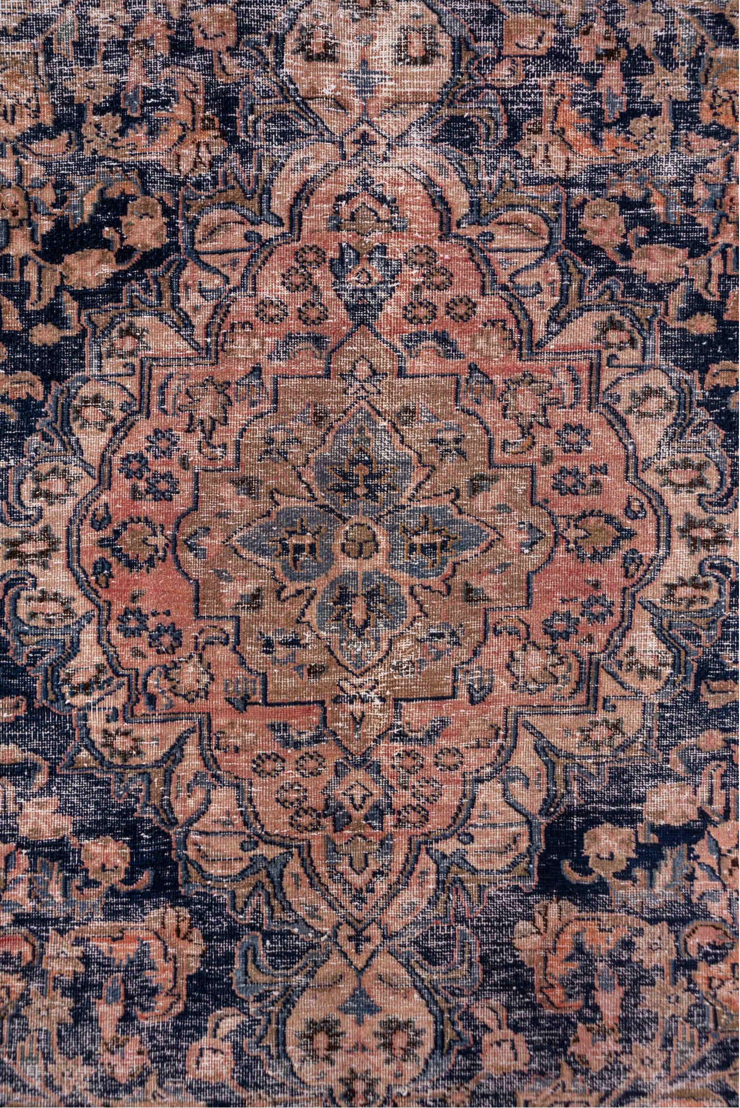 9' x 12' one-of-a-kind handmade vintage Distressed large size rug. Color palette: black, blue, brown, gray, light gray