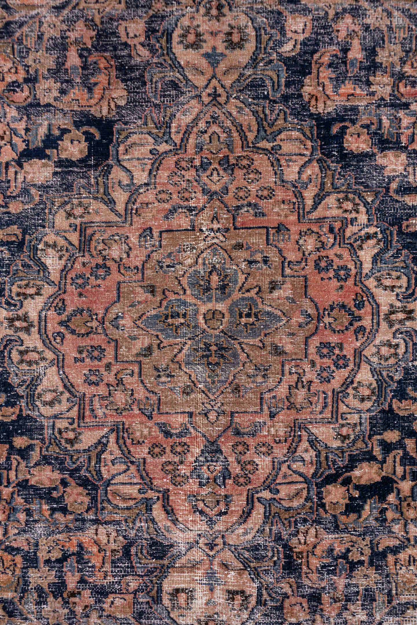 9' x 12' one-of-a-kind handmade vintage Distressed large size rug. Color palette: blush, taupe, charcoal, ivory, rose, slate