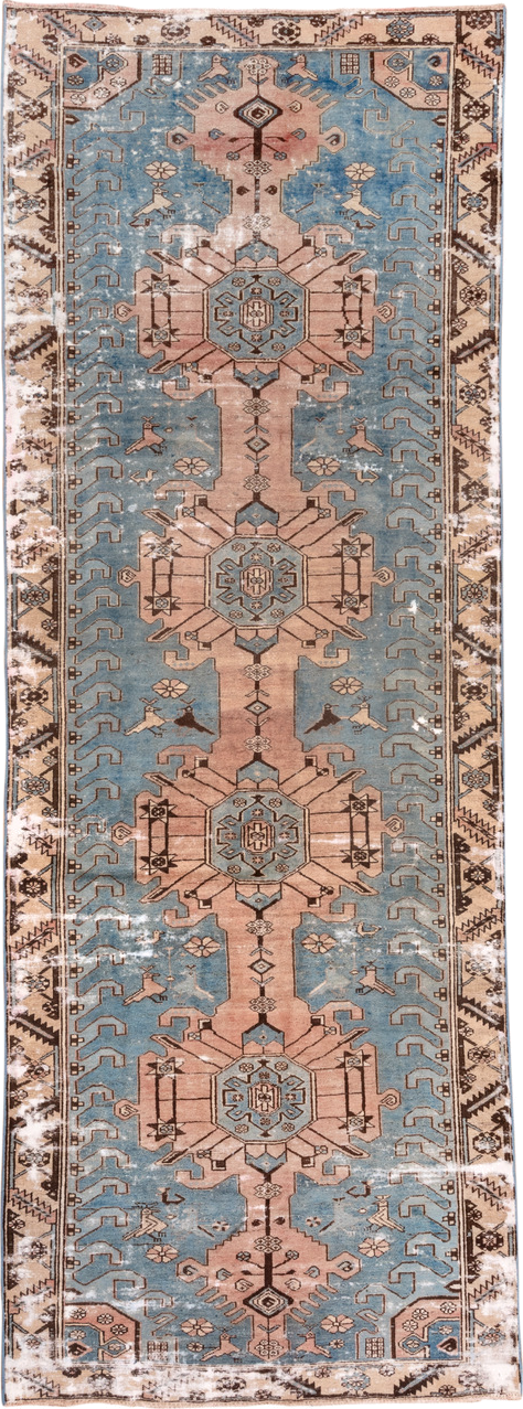 4' x 12' one-of-a-kind handmade vintage Distressed runner rug. Color palette: sky blue, blush, ivory, brown, taupe, charcoal