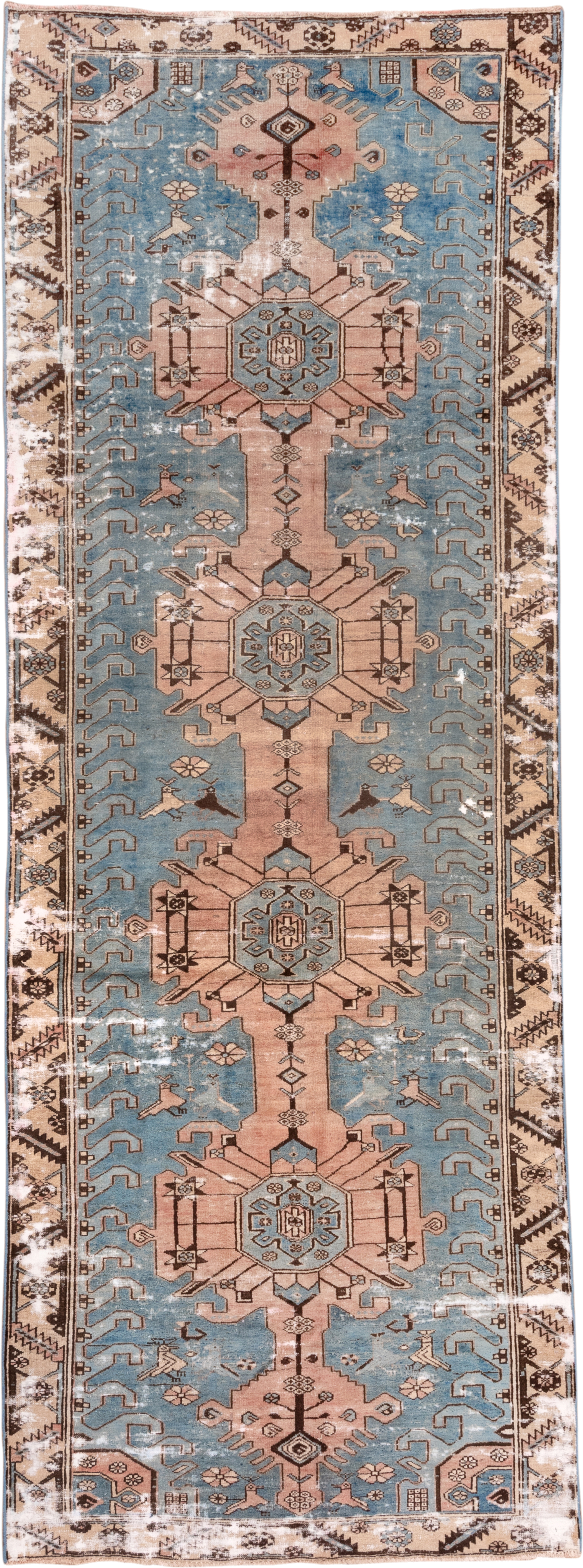 4' x 12' one-of-a-kind handmade vintage Distressed runner rug. Color palette: sky blue, blush, ivory, brown, taupe, charcoal