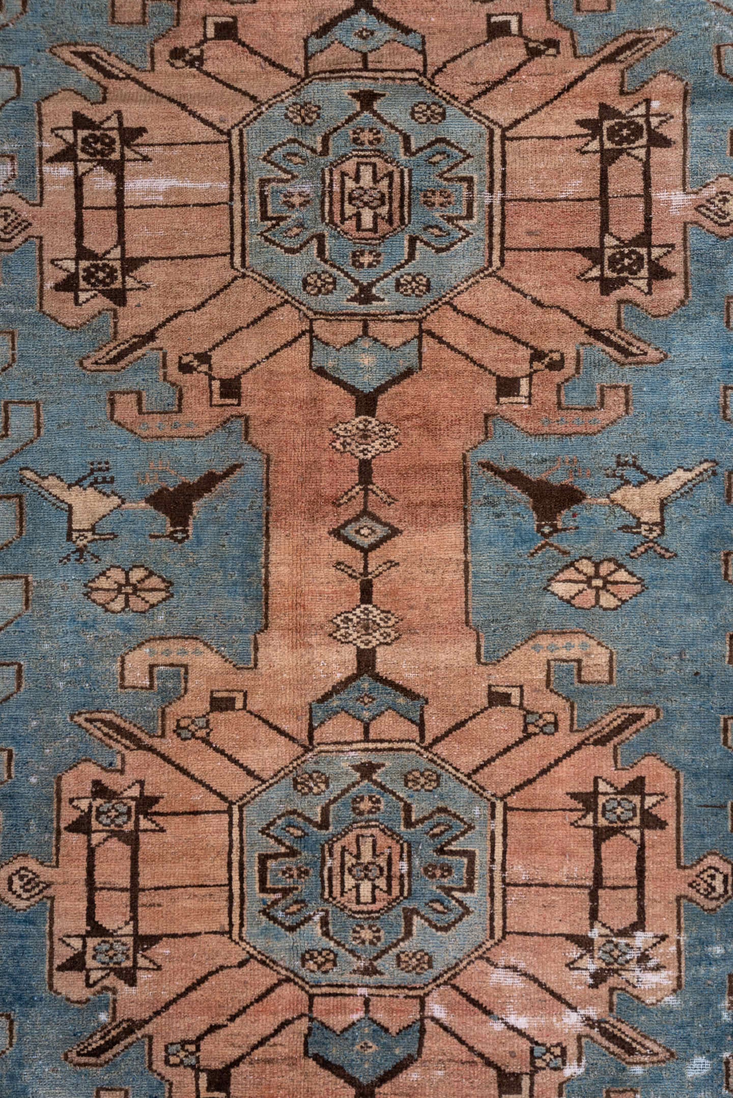 4' x 12' one-of-a-kind handmade vintage Distressed runner rug. Color palette: sky blue, blush, ivory, brown, taupe, charcoal
