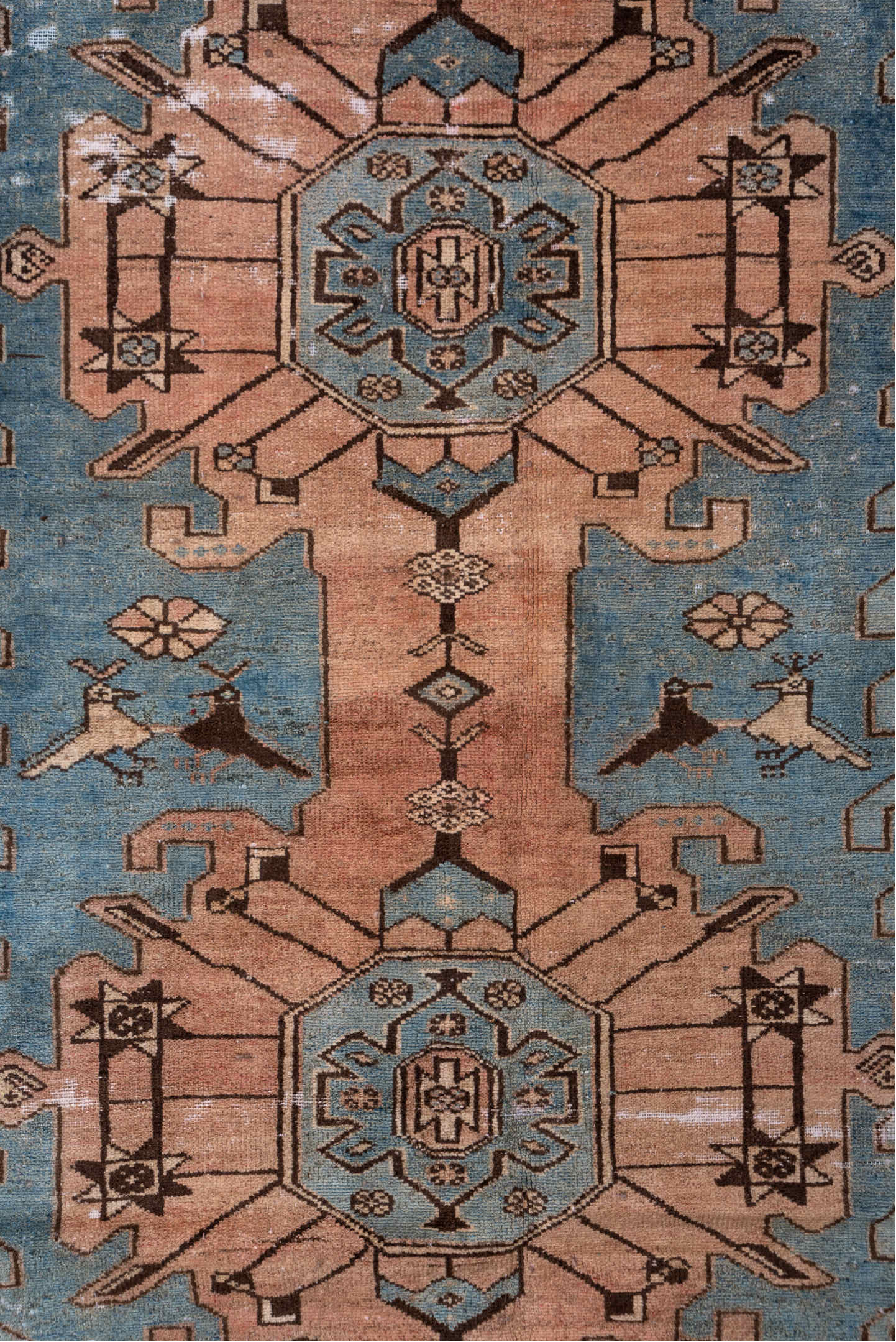 4' x 12' one-of-a-kind handmade vintage Distressed runner rug. Color palette: sky blue, blush, ivory, brown, taupe, charcoal