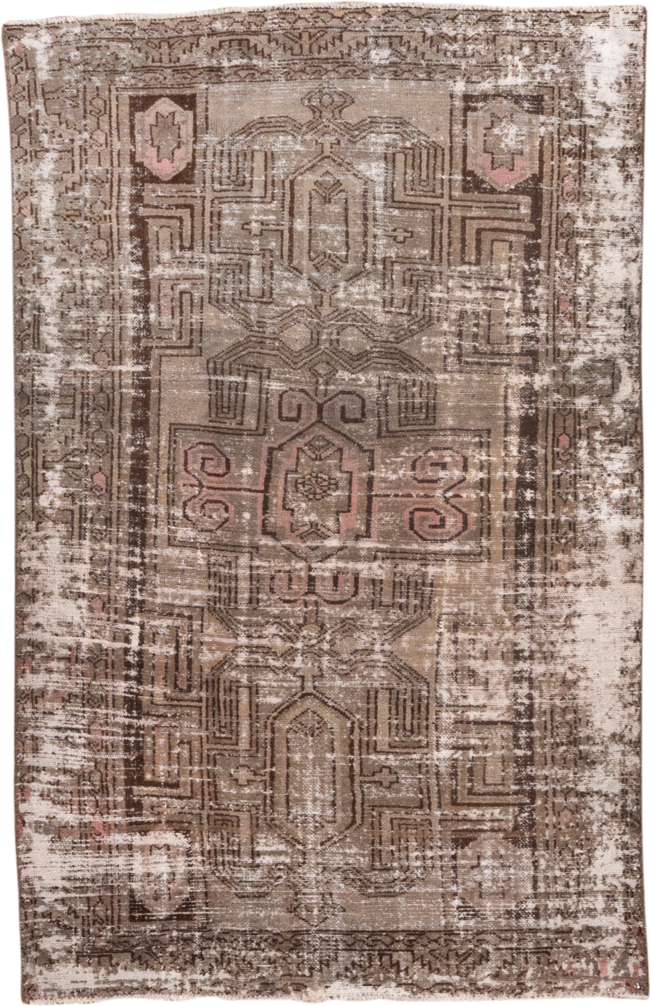 4' x 6' one-of-a-kind handmade vintage Distressed small size rug. Color palette: taupe, brown, ivory, blush, charcoal, beige
