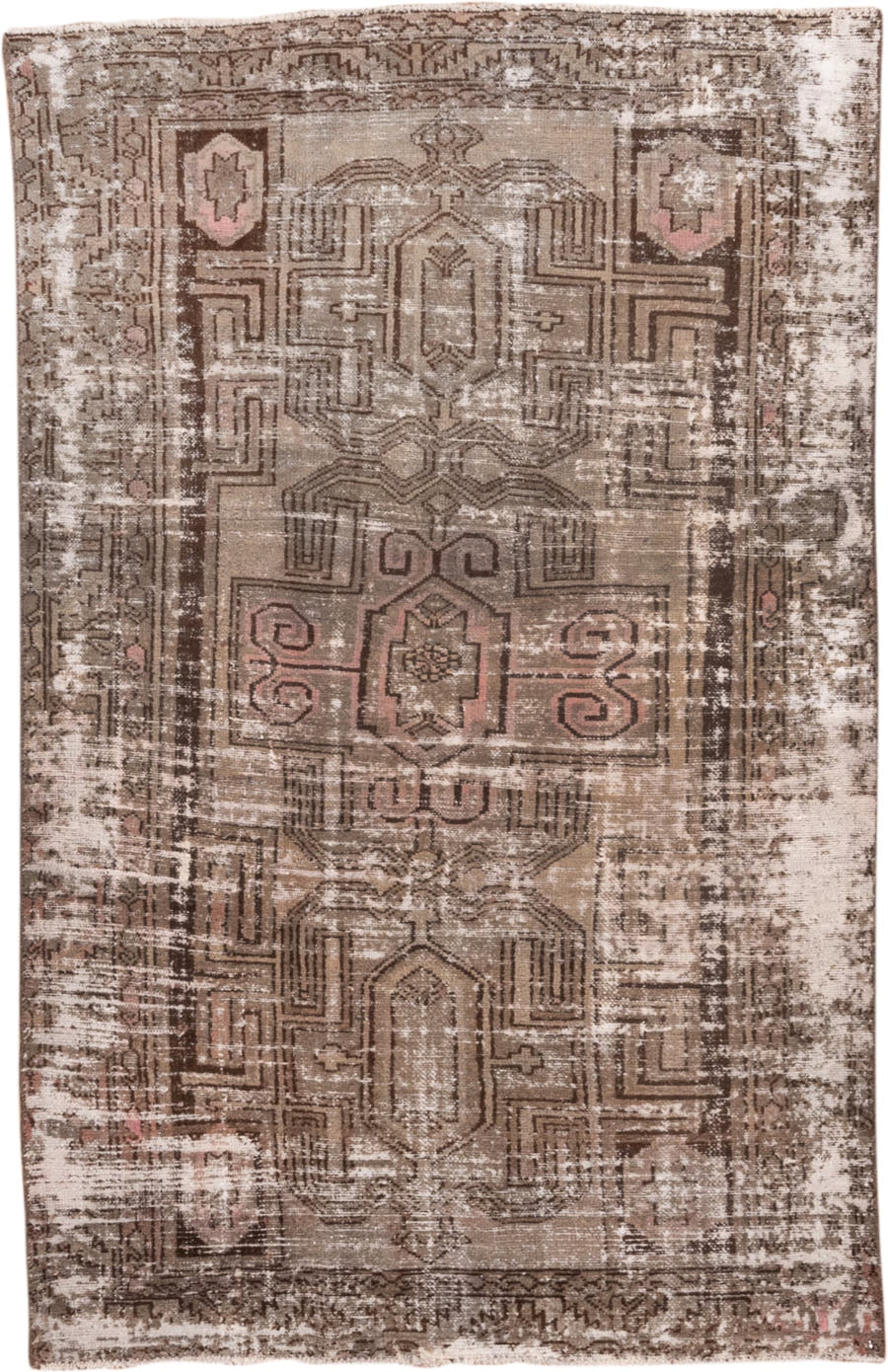 4' x 6' one-of-a-kind handmade vintage Distressed small size rug. Color palette: taupe, brown, ivory, blush, charcoal, beige