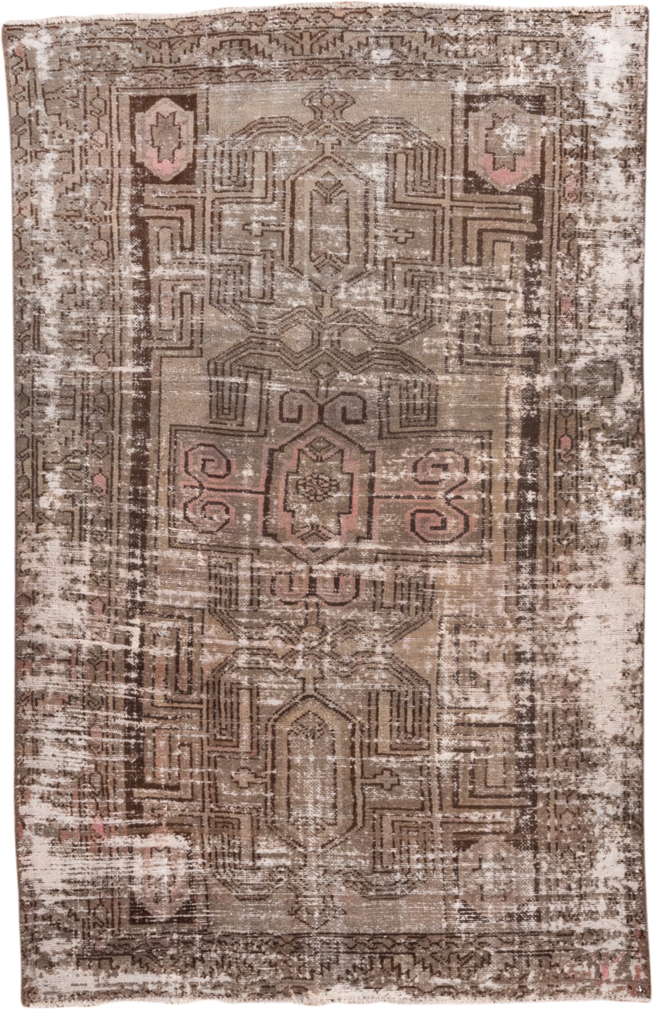 4' x 6' one-of-a-kind handmade vintage Distressed small size rug. Color palette: taupe, brown, ivory, blush, charcoal, beige