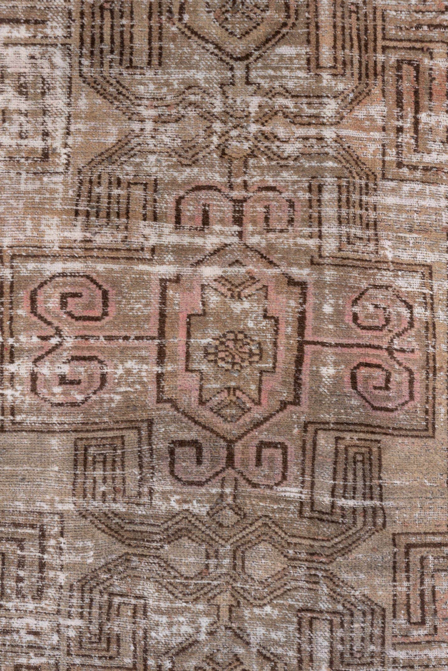 4' x 6' one-of-a-kind handmade vintage Distressed small size rug. Color palette: taupe, brown, ivory, blush, charcoal, beige