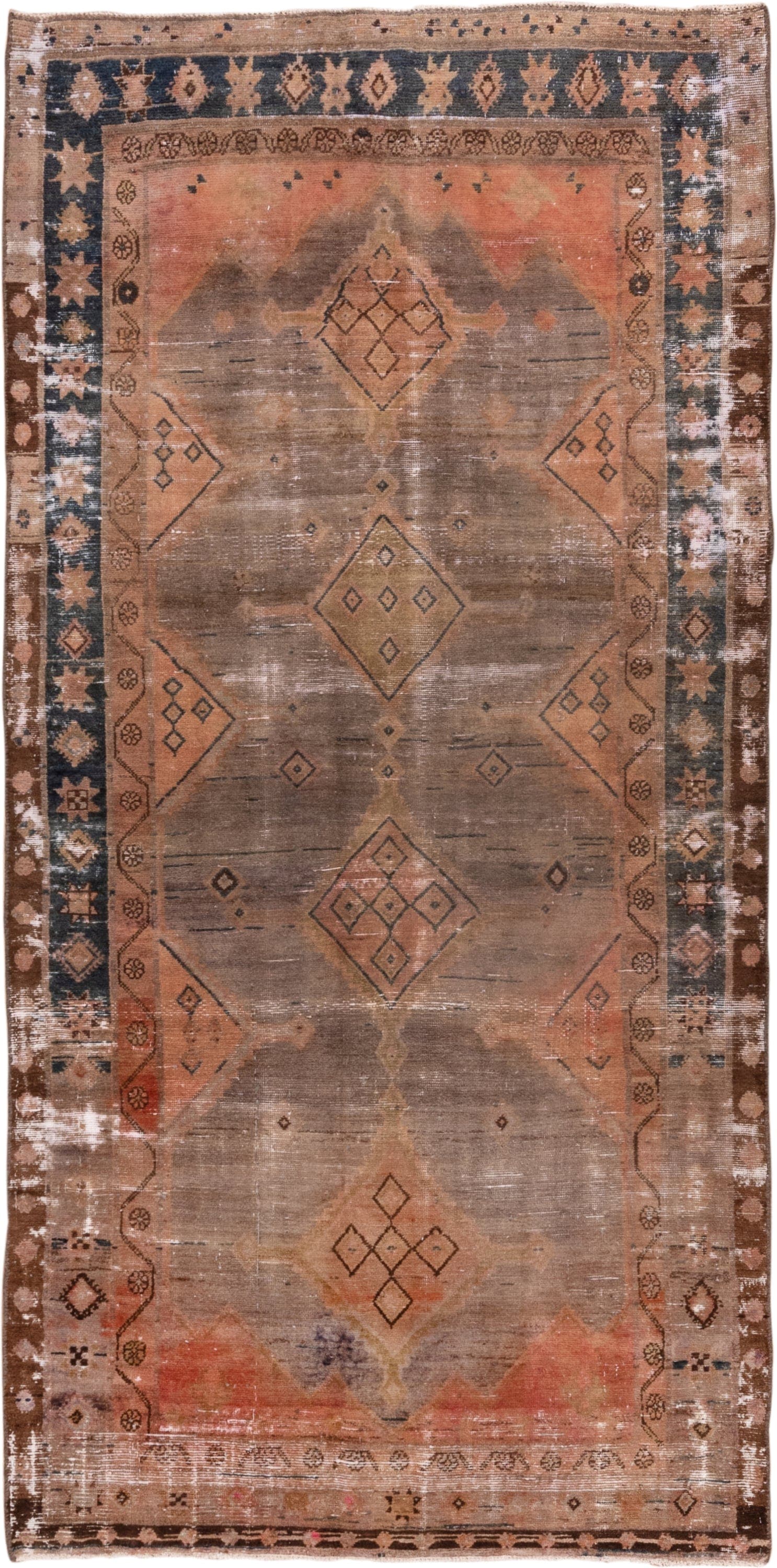 4' x 9' one-of-a-kind handmade vintage Distressed runner rug. Color palette: taupe, terra cotta, brown, charcoal, camel