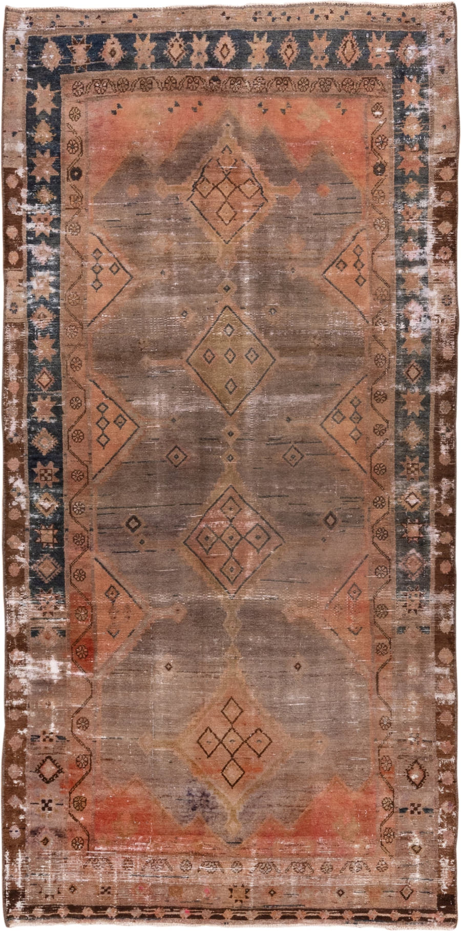 4' x 9' one-of-a-kind handmade vintage Distressed runner rug. Color palette: taupe, terra cotta, brown, charcoal, camel