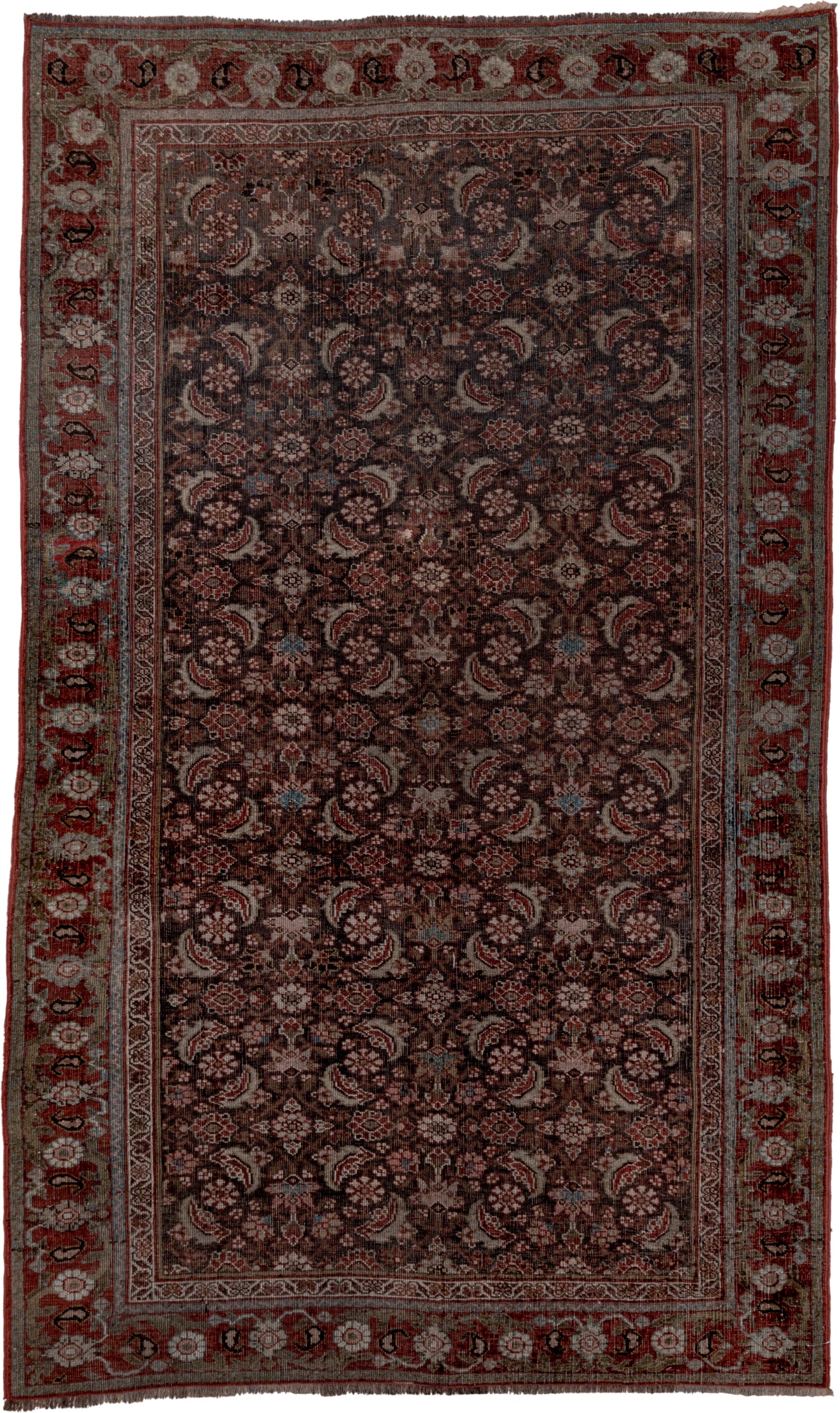 4' x 6' one-of-a-kind handmade antique Bidjar small size rug. Color palette: rust, brown, ivory, sage, rose, slate, burgundy