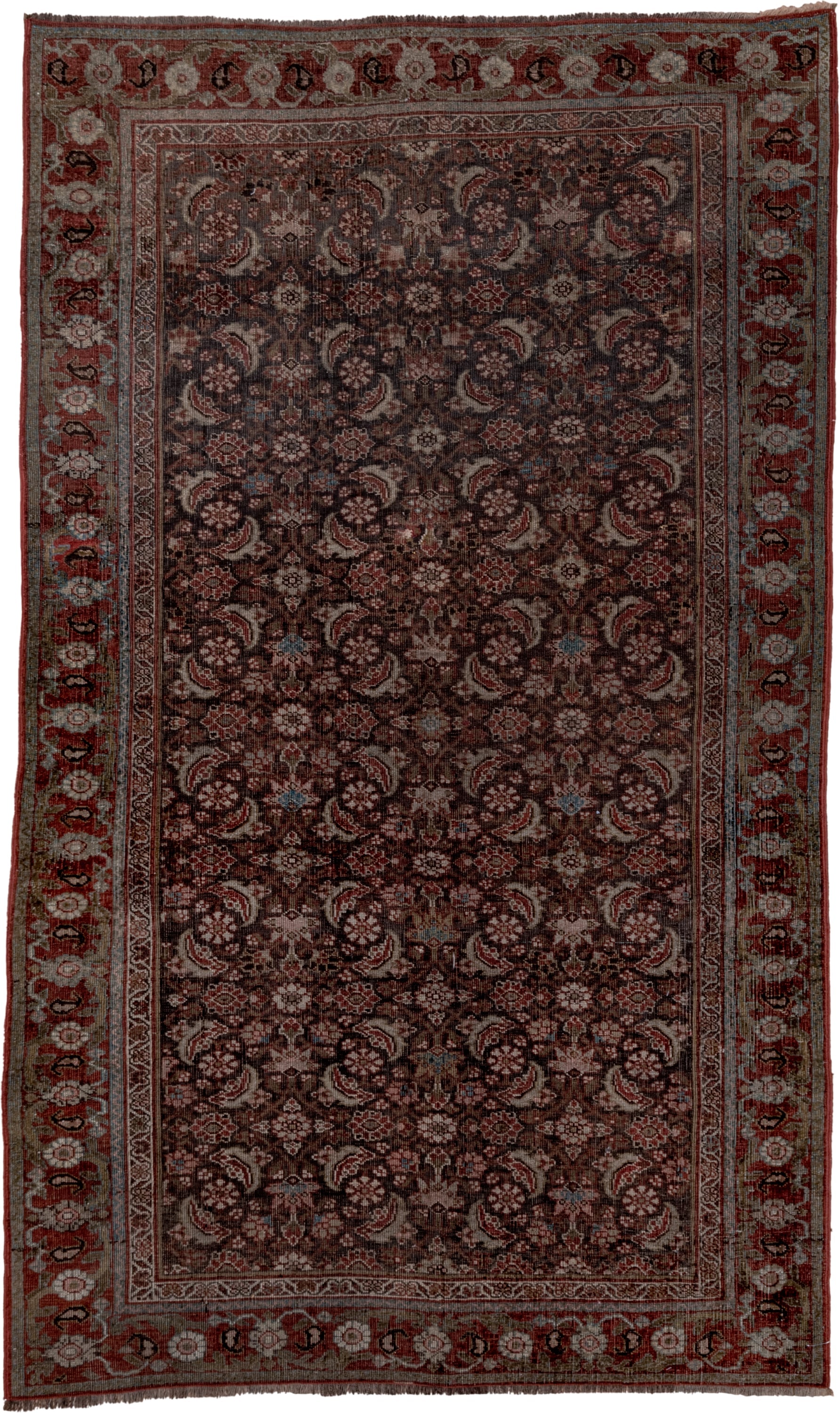 4' x 6' one-of-a-kind handmade antique Bidjar small size rug. Color palette: rust, brown, ivory, sage, rose, slate, burgundy
