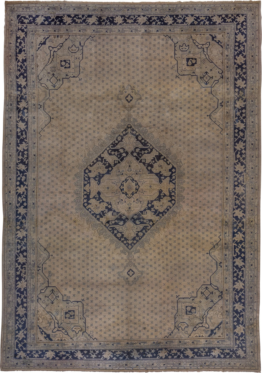 13' x 18' one-of-a-kind handmade antique Oushak oversize rug. Color palette: ivory, indigo, taupe, slate, beige, purple