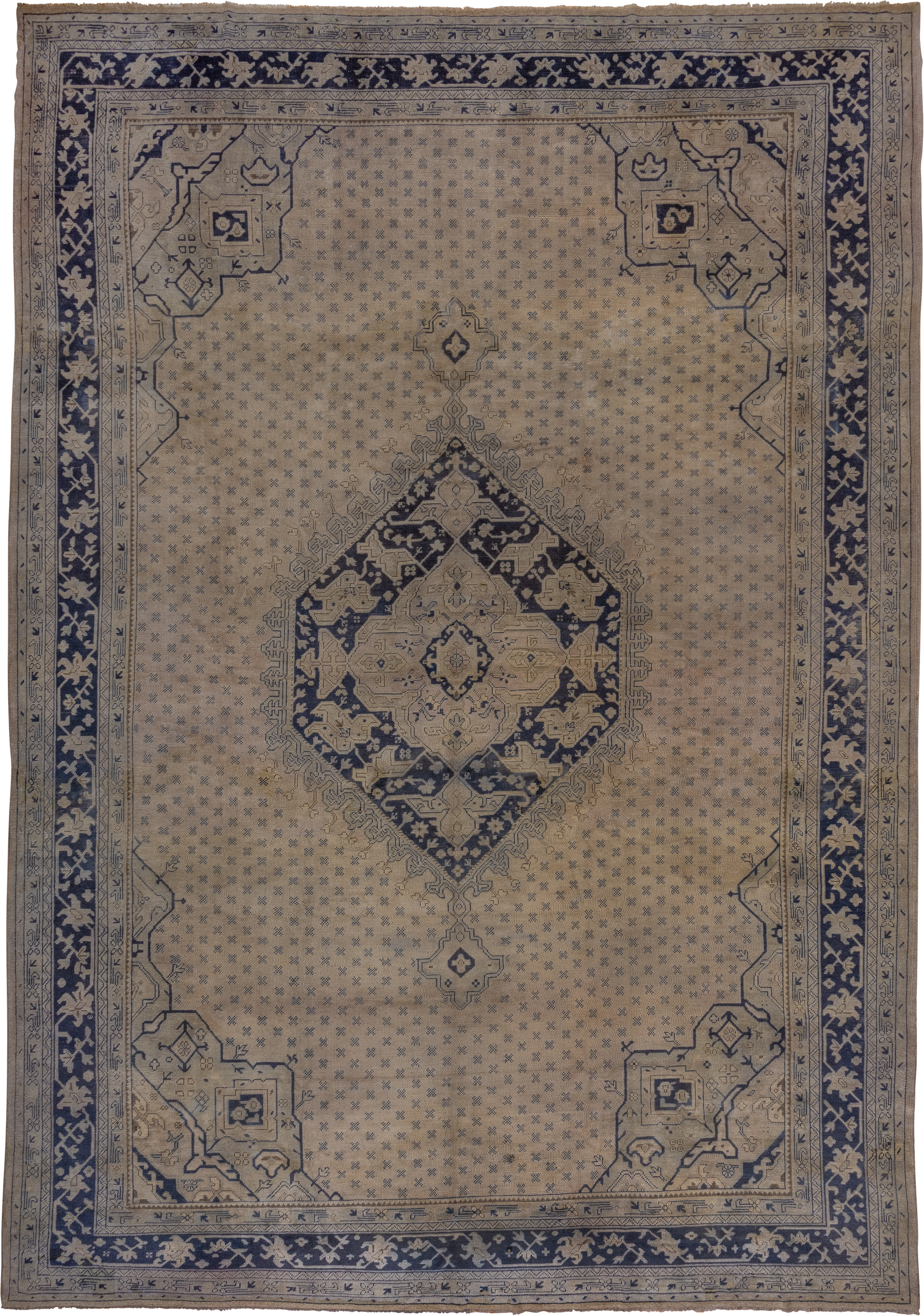 13' x 18' one-of-a-kind handmade antique Oushak oversize rug. Color palette: ivory, indigo, taupe, slate, beige, purple
