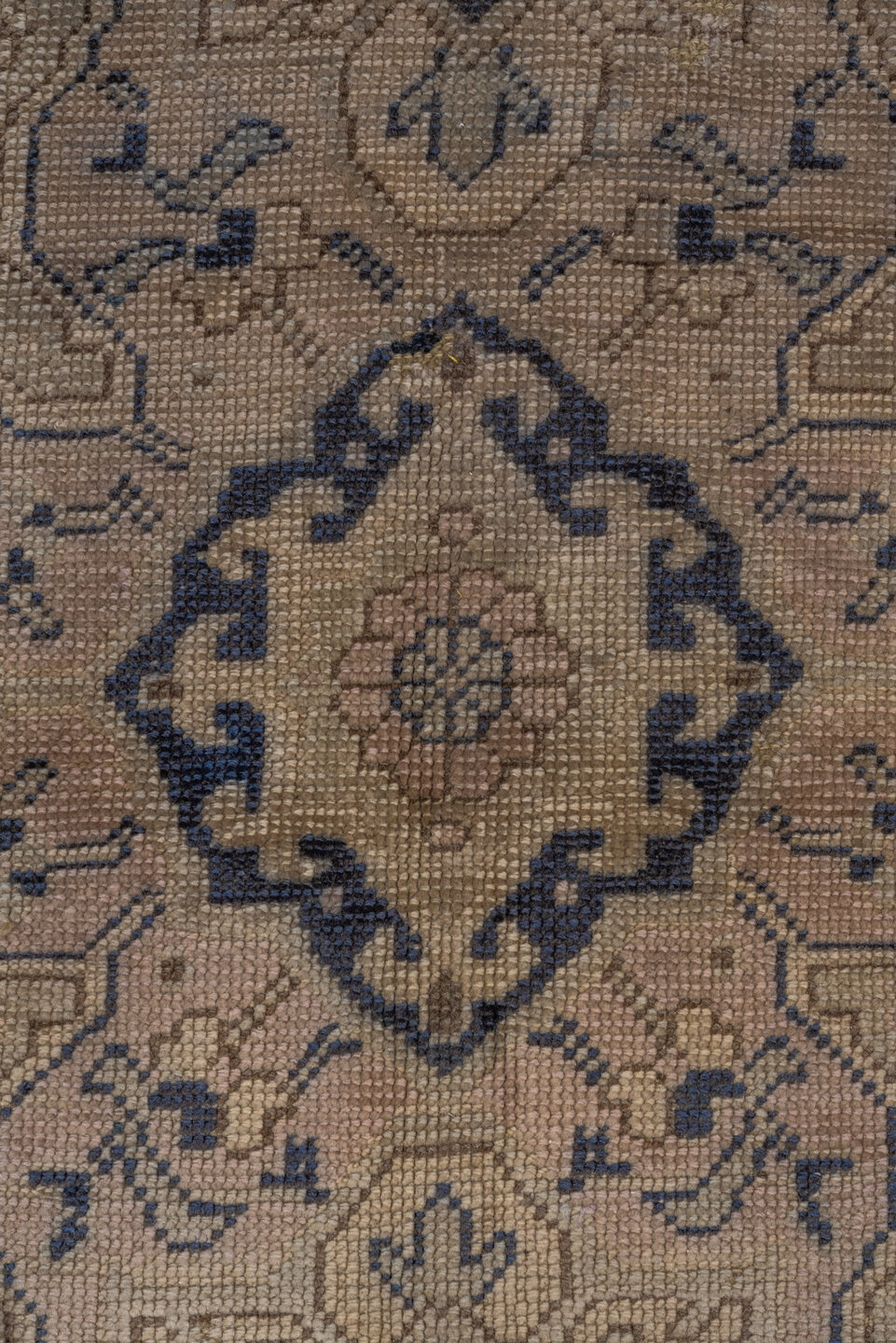 13' x 18' one-of-a-kind handmade antique Oushak oversize rug. Color palette: ivory, indigo, taupe, slate, beige, purple