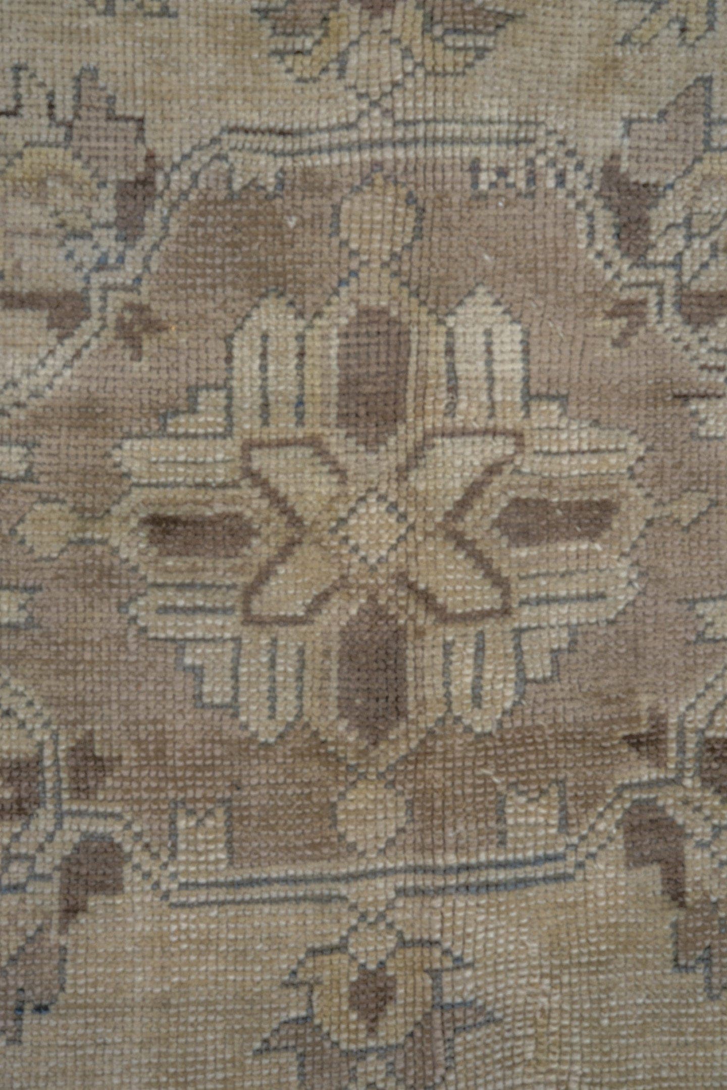 9' x 12' one-of-a-kind handmade antique Oushak large size rug. Color palette: ivory, taupe, beige, brown, pale blue, camel