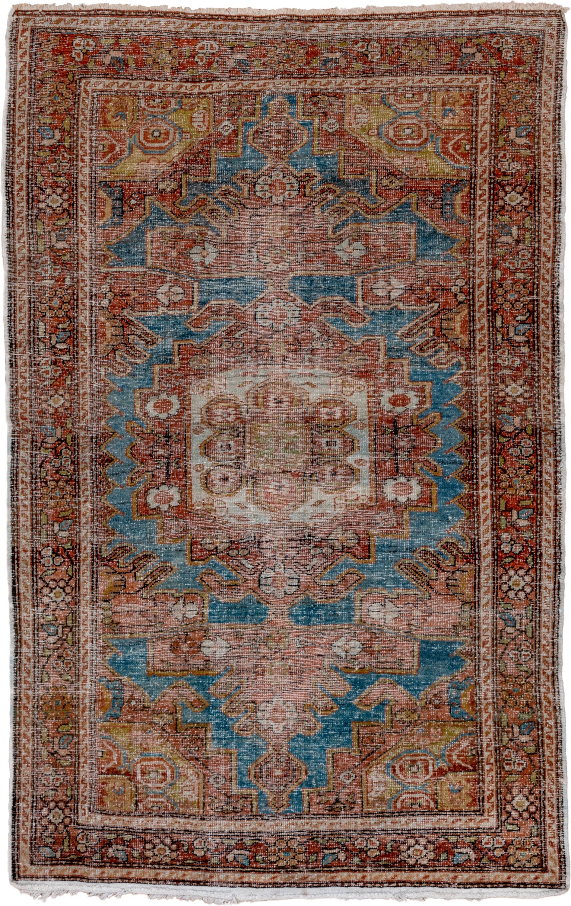 4' x 6' one-of-a-kind handmade antique Veece small size rug. Color palette: sky blue, terra cotta, ivory, rust, soft gold