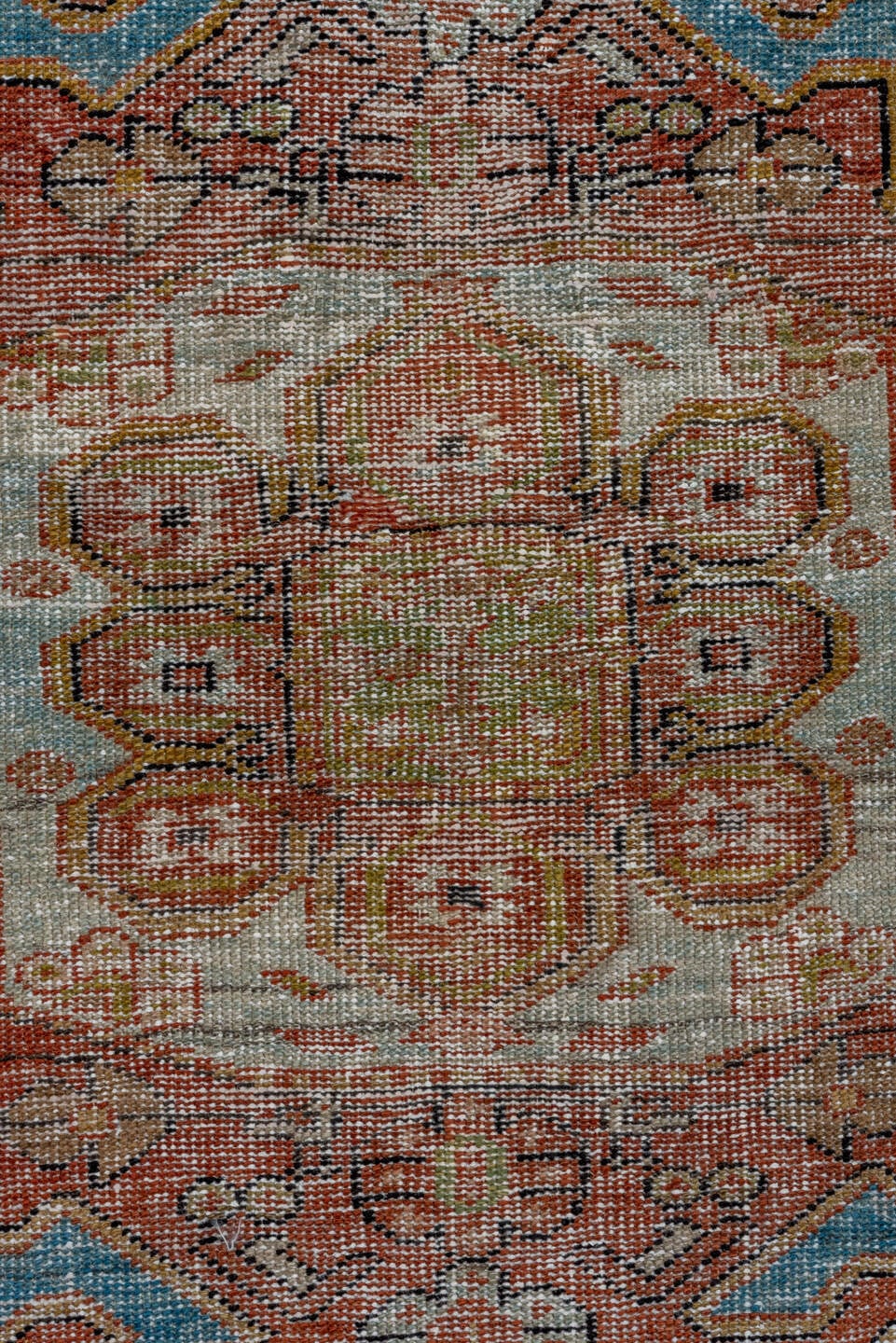 4' x 6' one-of-a-kind handmade antique Veece small size rug. Color palette: sky blue, terra cotta, ivory, rust, soft gold