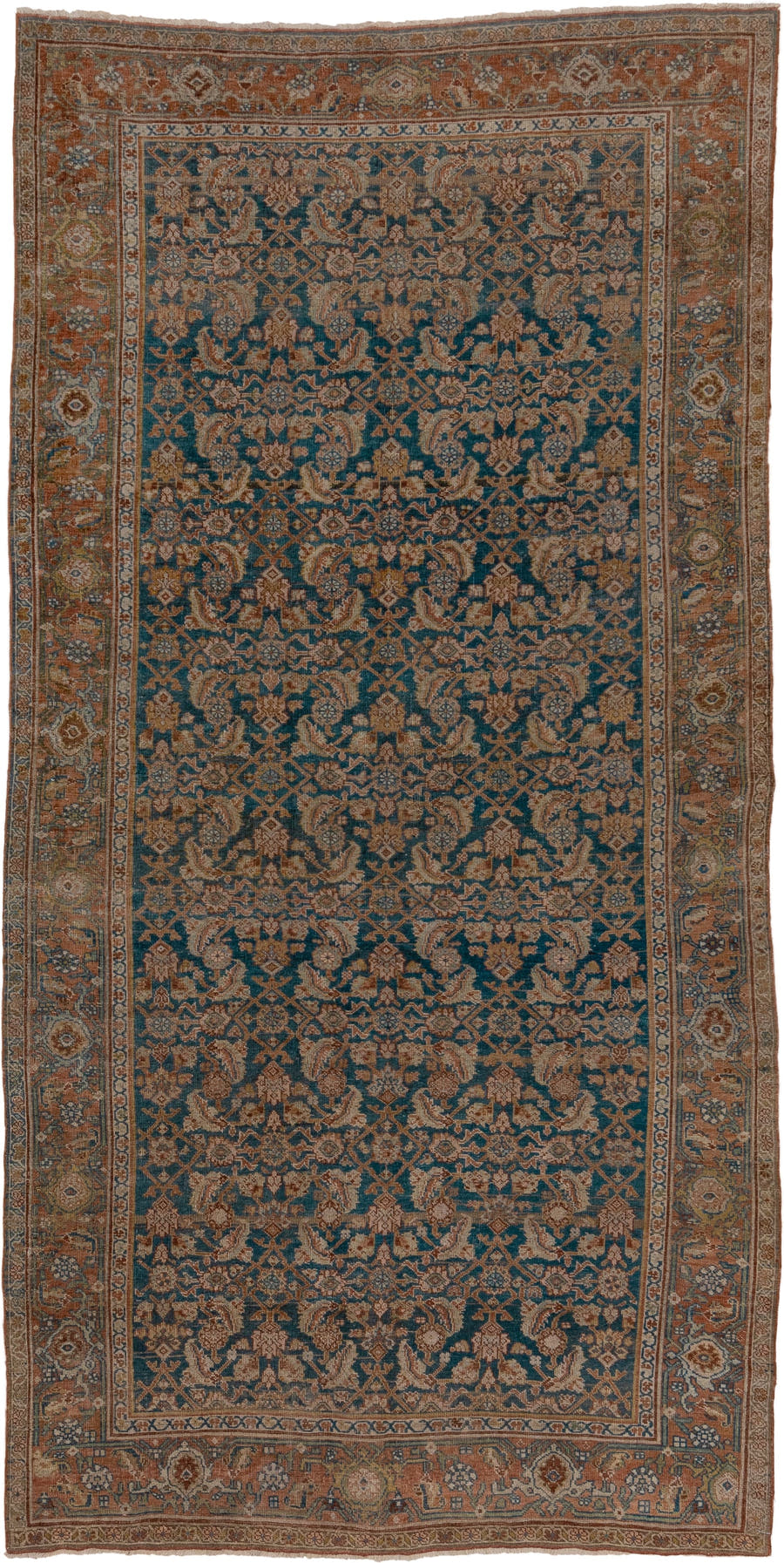 5' x 11' one-of-a-kind handmade antique Bidjar rug. Color palette: rust, blue, ivory, camel, slate, taupe, gold, terracotta