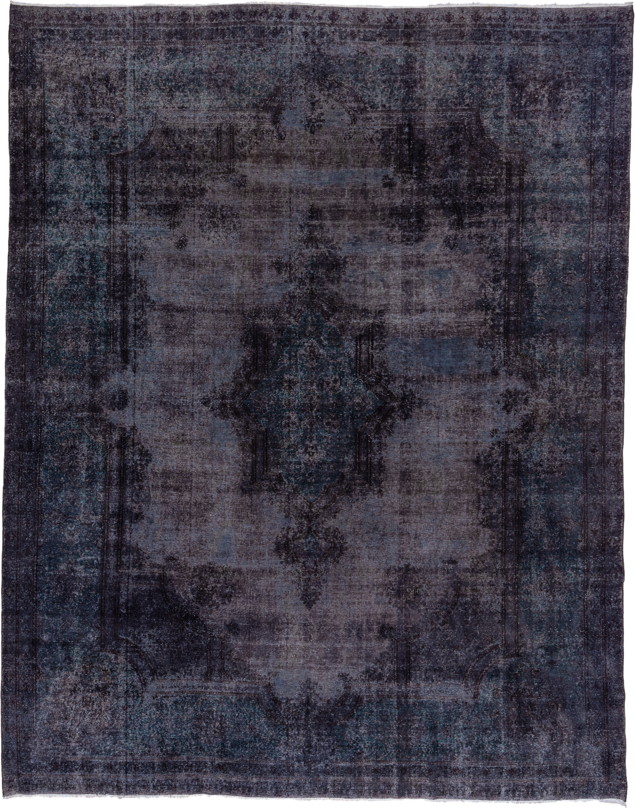10' x 12' one-of-a-kind handmade antique Overdyed large size rug. Color palette: charcoal, indigo, slate, teal, ink, blue