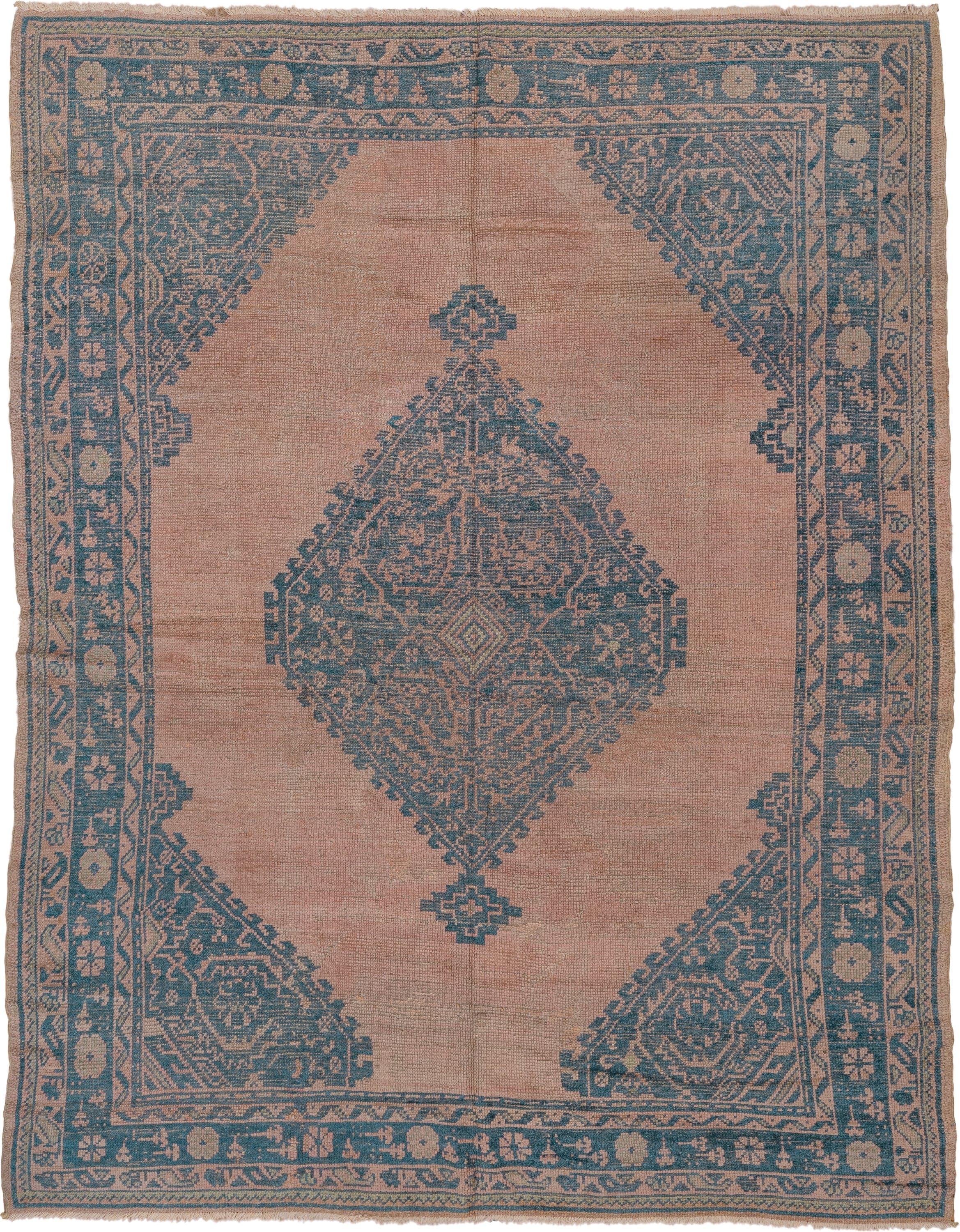 6' x 8' one-of-a-kind handmade antique Oushak medium size rug. Color palette: blush, blue, taupe, ivory, pink, beige, gray