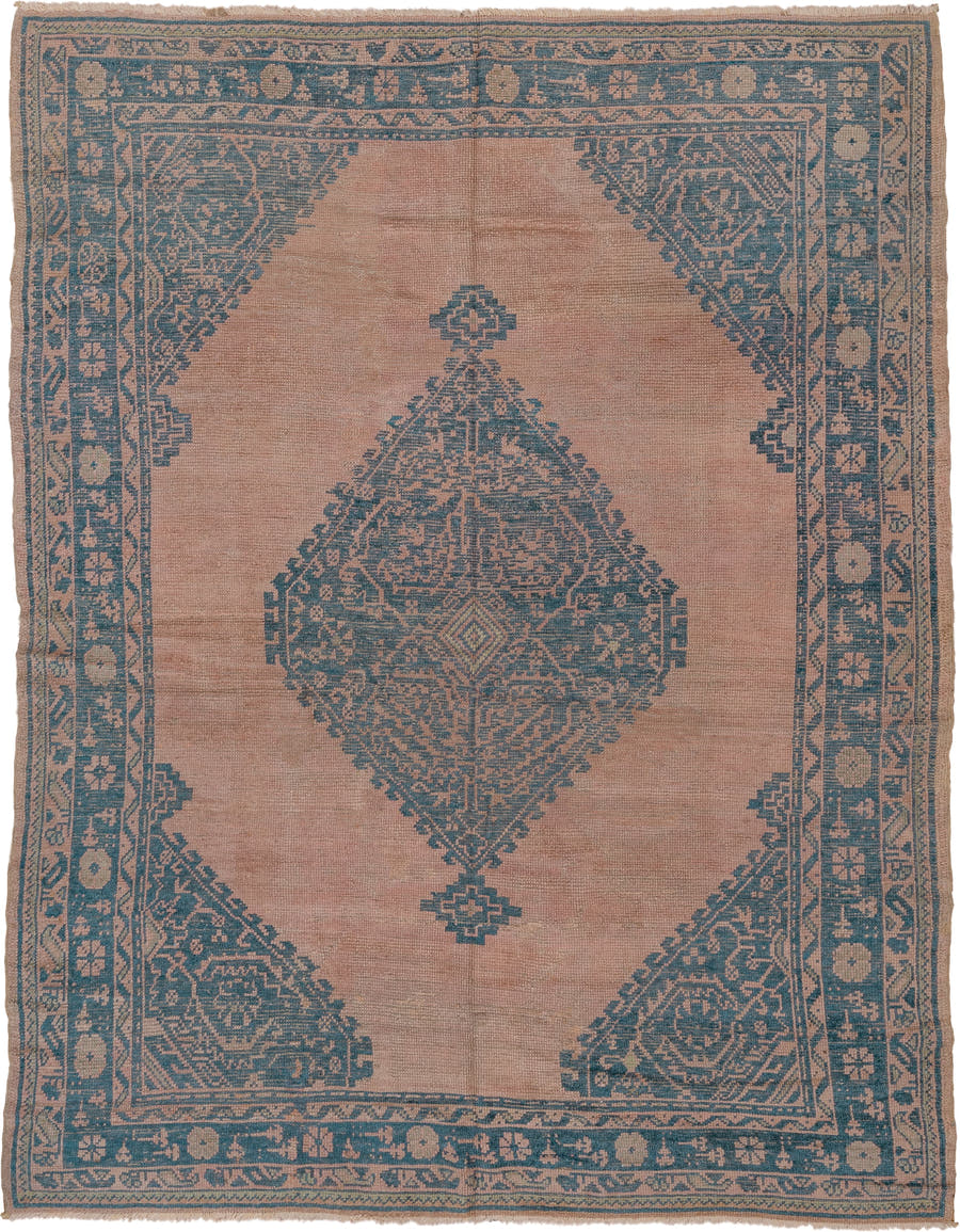 6' x 8' one-of-a-kind handmade antique Oushak medium size rug. Color palette: blush, blue, taupe, ivory, pink, beige, gray