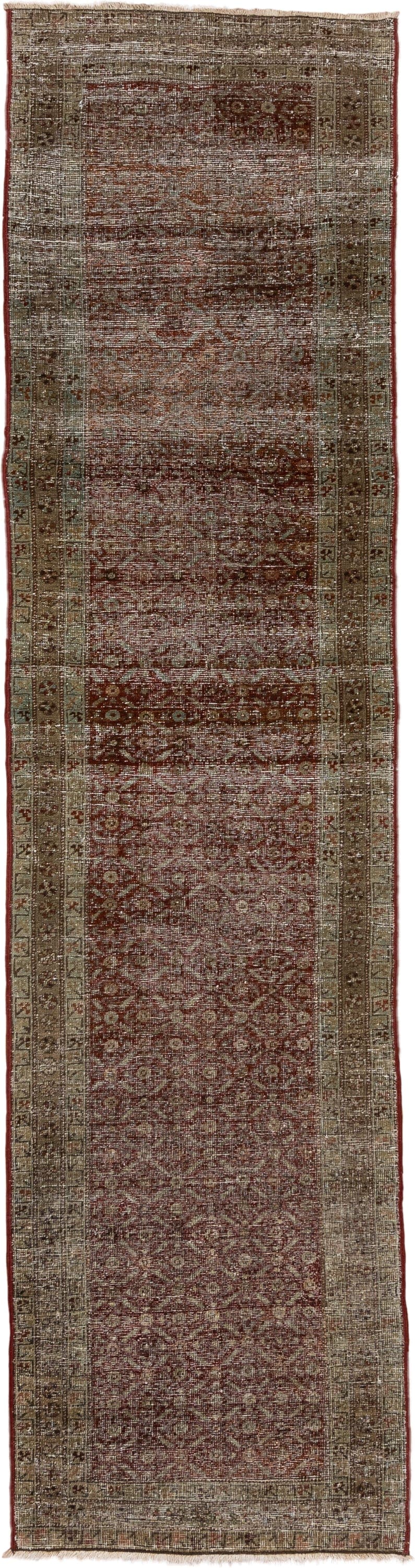 2' x 10' one-of-a-kind handmade antique NW Persian runner rug. Color palette: taupe, rust, terra cotta, brown, ivory
