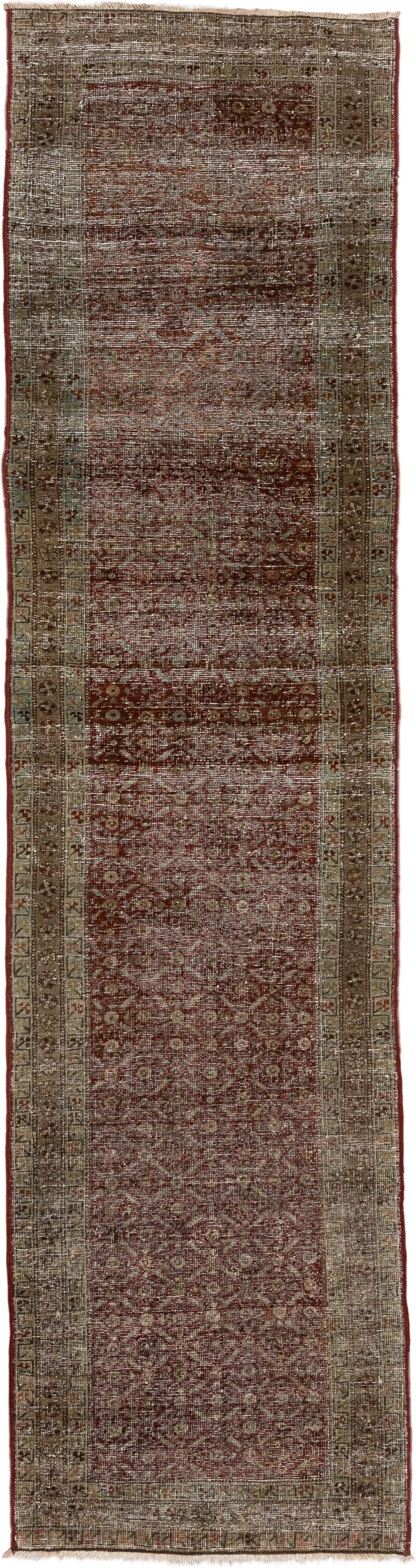 2' x 10' one-of-a-kind handmade antique NW Persian runner rug. Color palette: taupe, rust, terra cotta, brown, ivory
