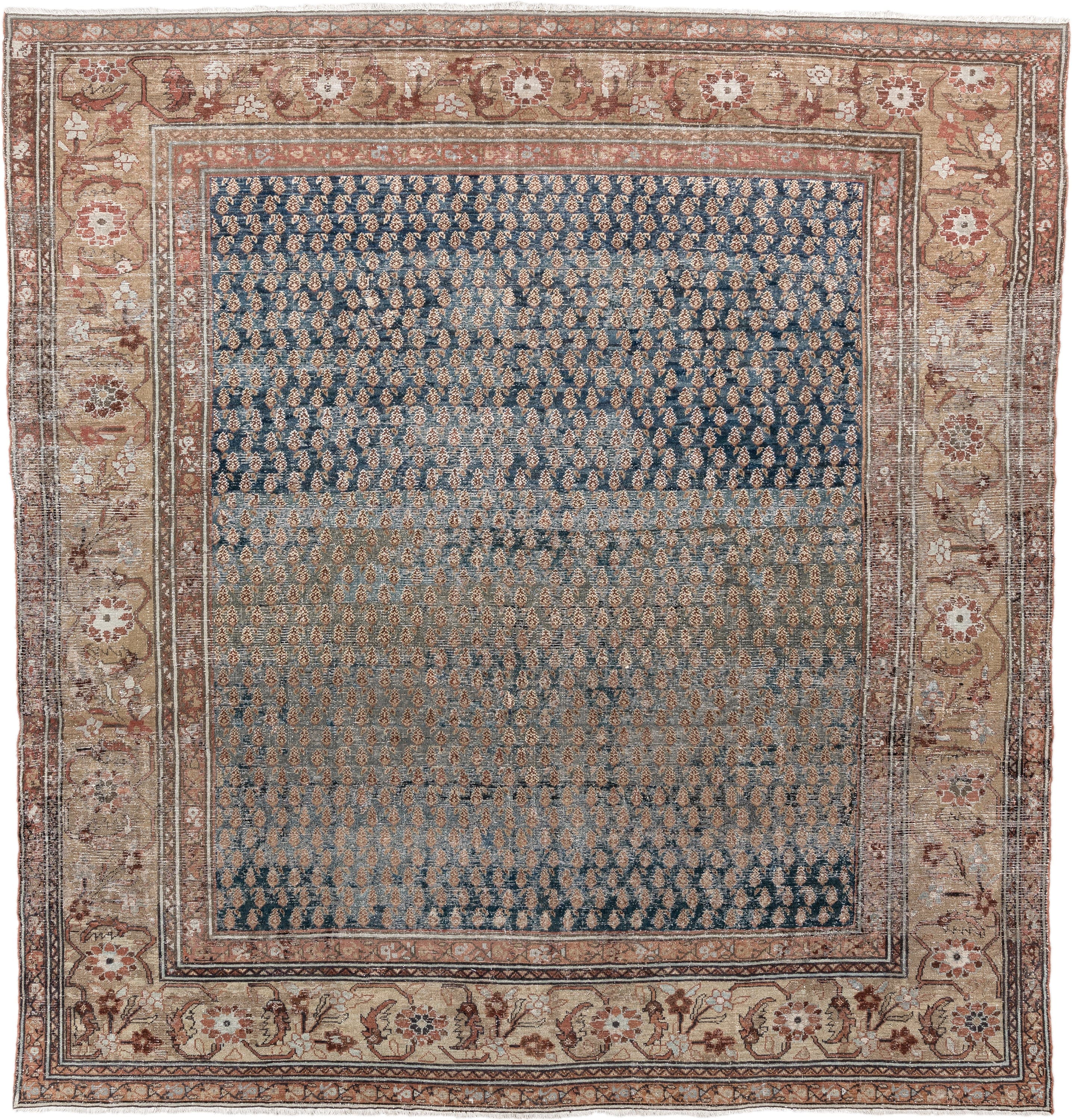 9' x 10' one-of-a-kind handmade vintage Mahal large size rug. Color palette: blue, ivory, rust, taupe, rose, brown
