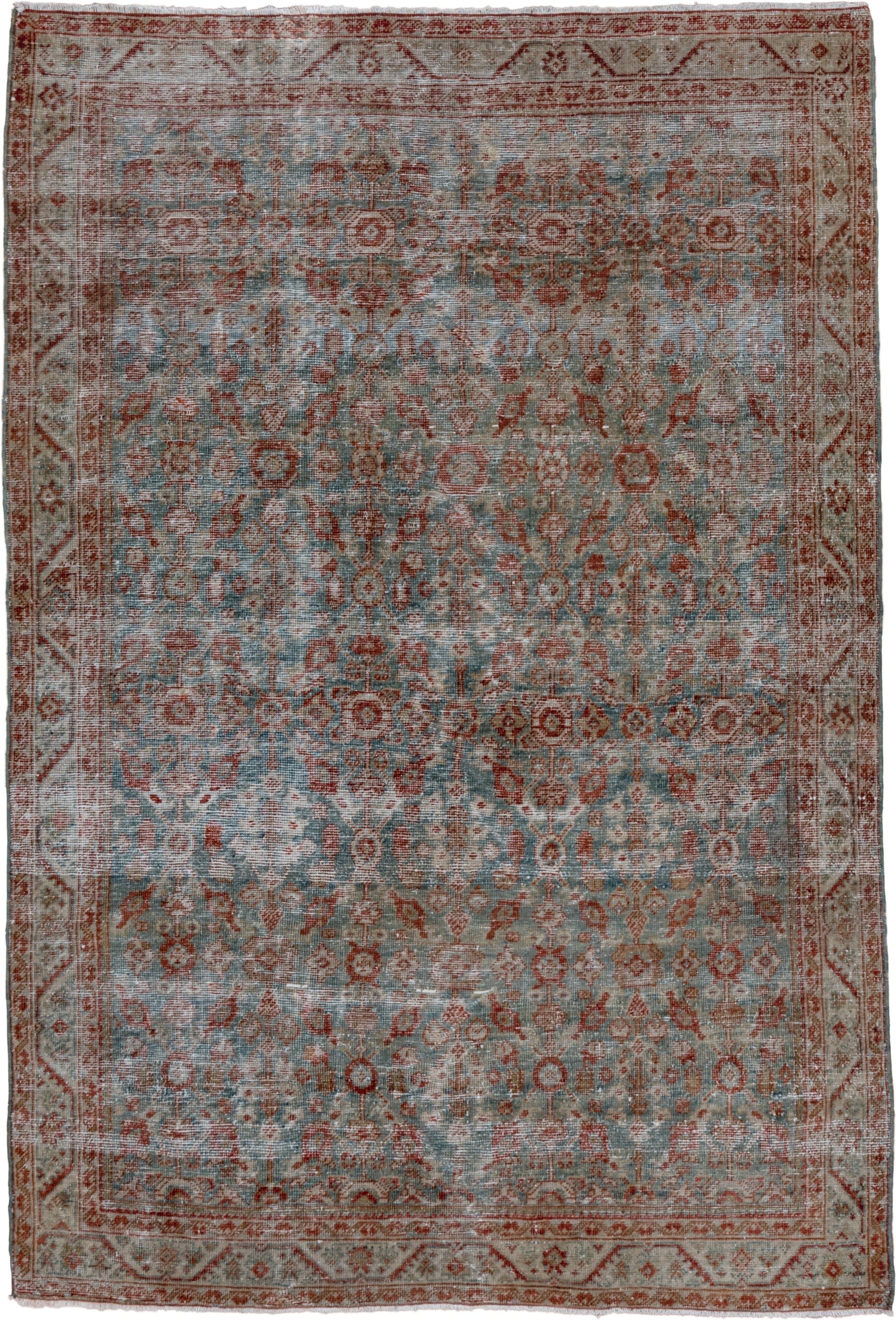 4' x 6' one-of-a-kind handmade antique Farahan small size rug. Color palette: pale blue, rust, ivory, taupe, sage
