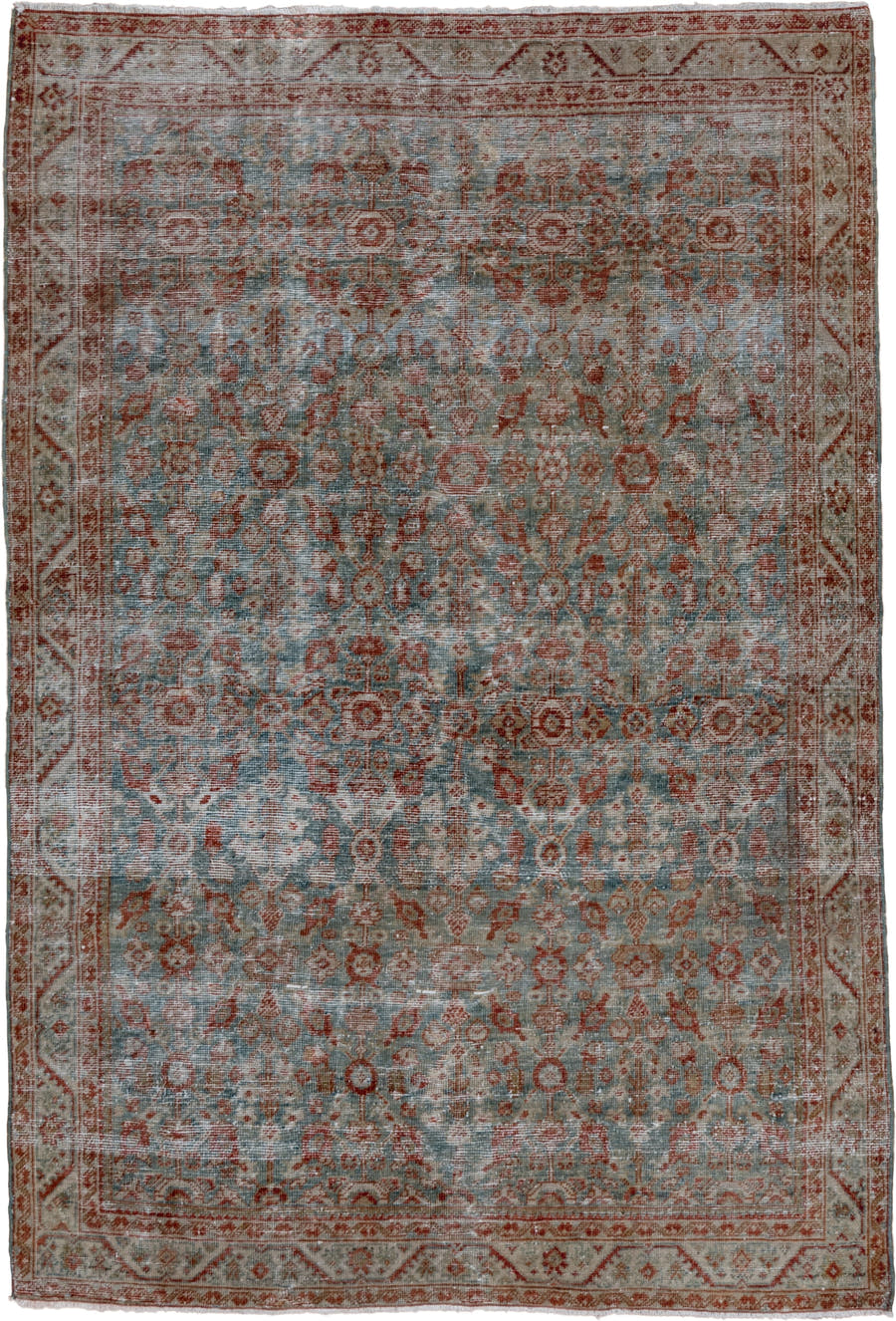 4' x 6' one-of-a-kind handmade antique Farahan small size rug. Color palette: pale blue, rust, ivory, taupe, sage