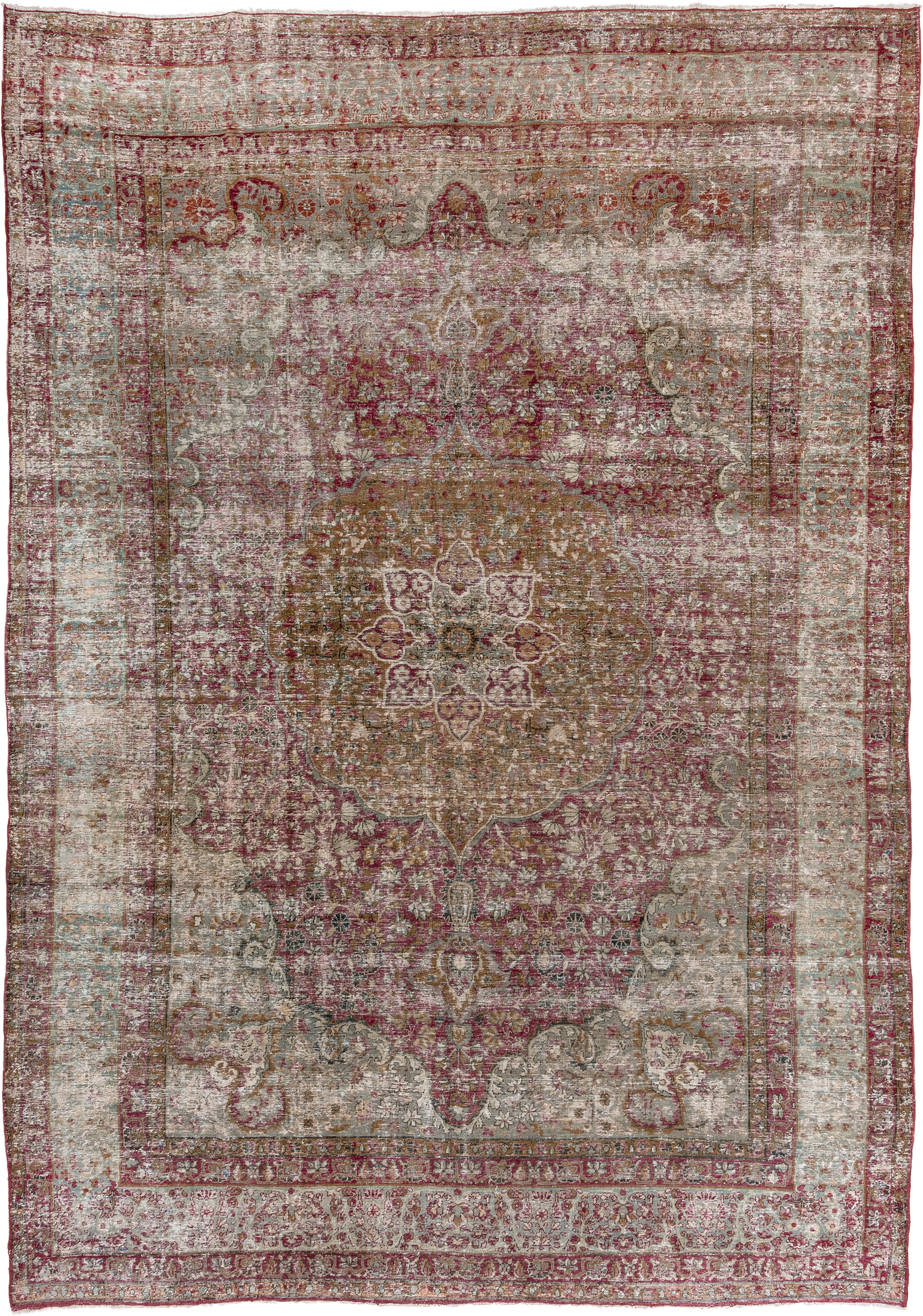 9' x 13' one-of-a-kind handmade antique Lavar large size rug. Color palette: rose, ivory, taupe, terra cotta, dusty pink