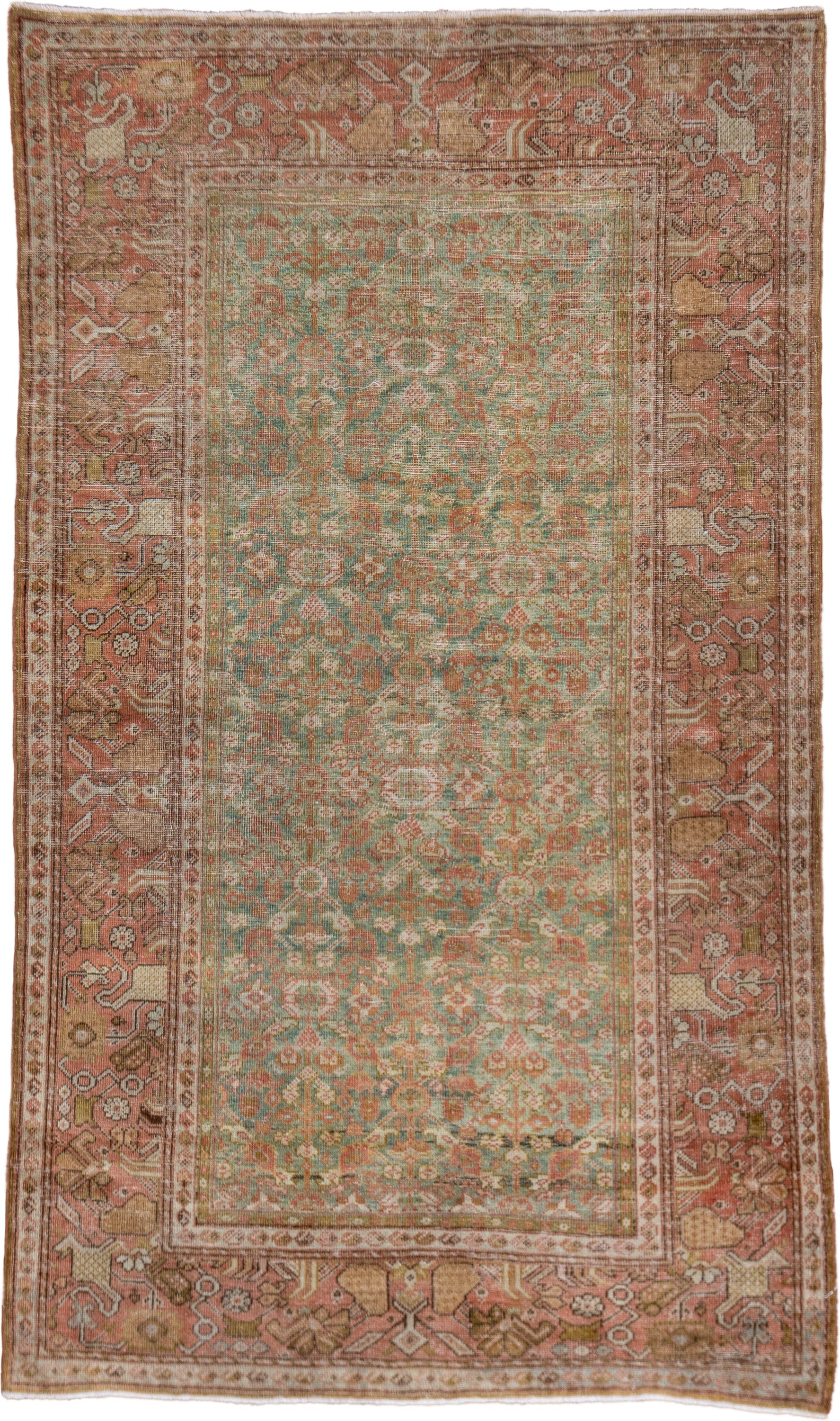 4' x 6' one-of-a-kind handmade antique Farahan small size rug. Color palette: seafoam, terra cotta, ivory, sage, rose, taupe