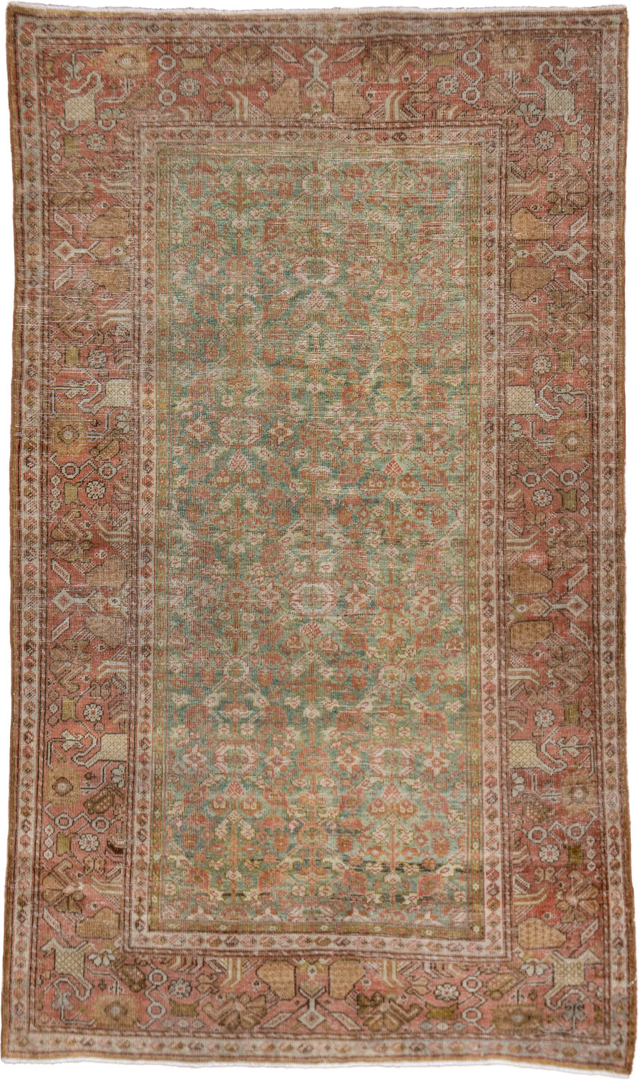 4' x 6' one-of-a-kind handmade antique Farahan small size rug. Color palette: seafoam, terra cotta, ivory, sage, rose, taupe