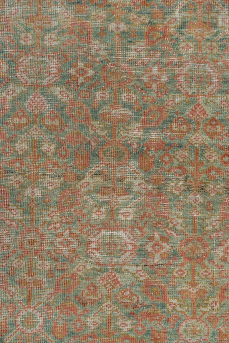 4' x 6' one-of-a-kind handmade antique Farahan small size rug. Color palette: seafoam, terra cotta, ivory, sage, rose, taupe