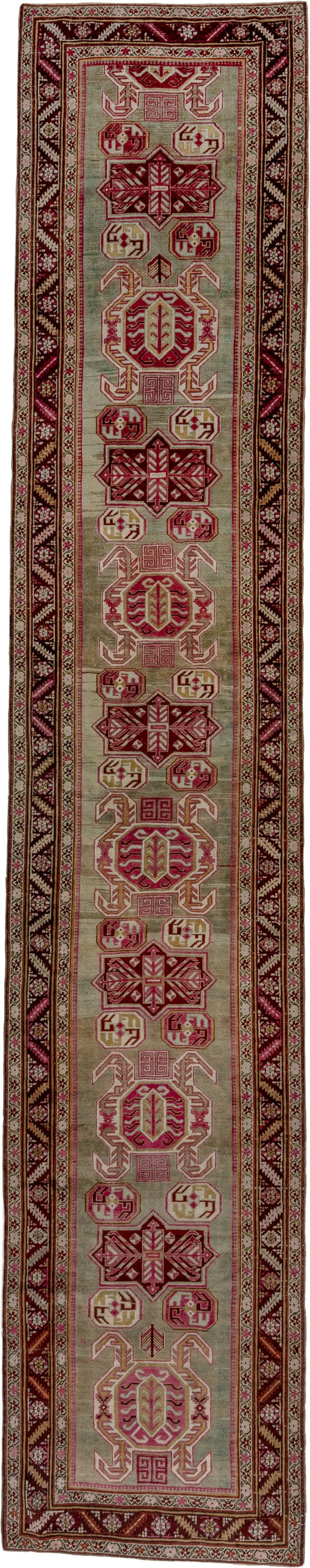 3' x 17' one-of-a-kind handmade antique Caucasian runner rug. Color palette: ivory, burgundy, rose, brown, taupe, crimson