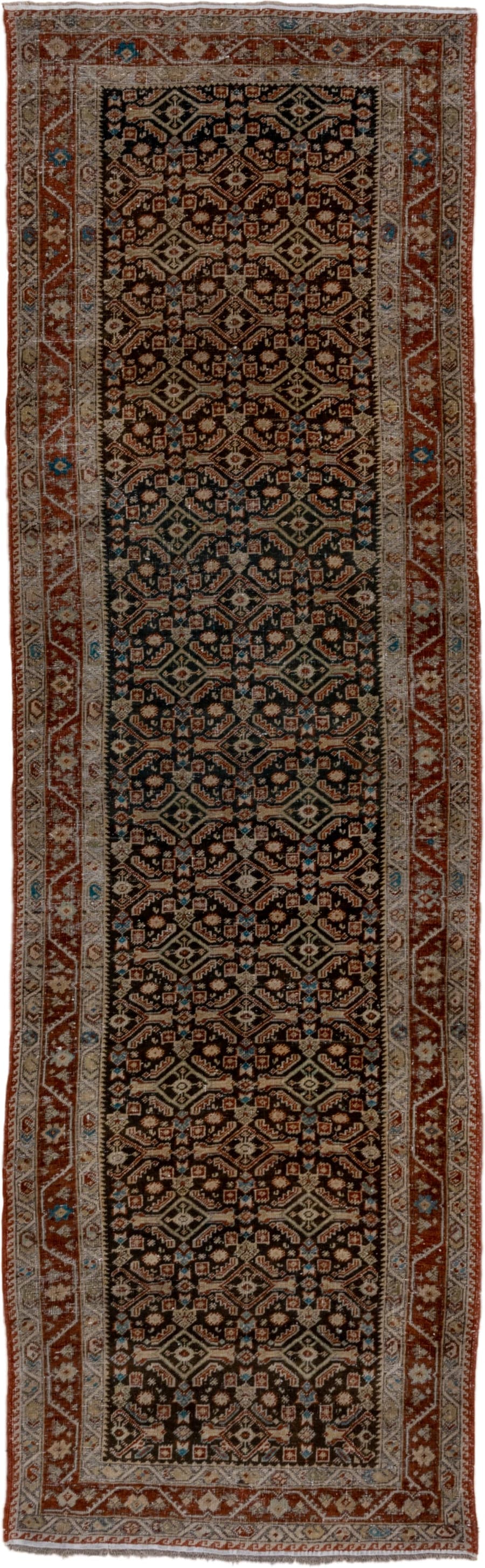 3' x 11' one-of-a-kind handmade antique Karabagh runner rug. Color palette: rust, ivory, charcoal, sky_blue, taupe, camel