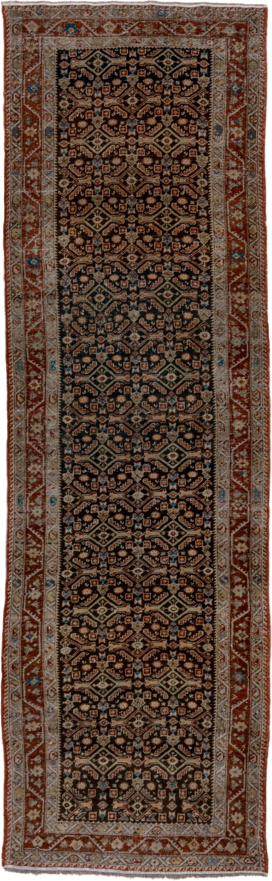 3' x 11' one-of-a-kind handmade antique Karabagh runner rug. Color palette: rust, ivory, charcoal, sky_blue, taupe, camel