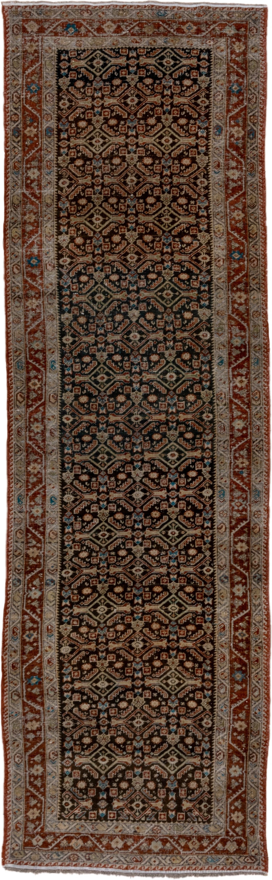 3' x 11' one-of-a-kind handmade antique Karabagh runner rug. Color palette: rust, ivory, charcoal, sky_blue, taupe, camel