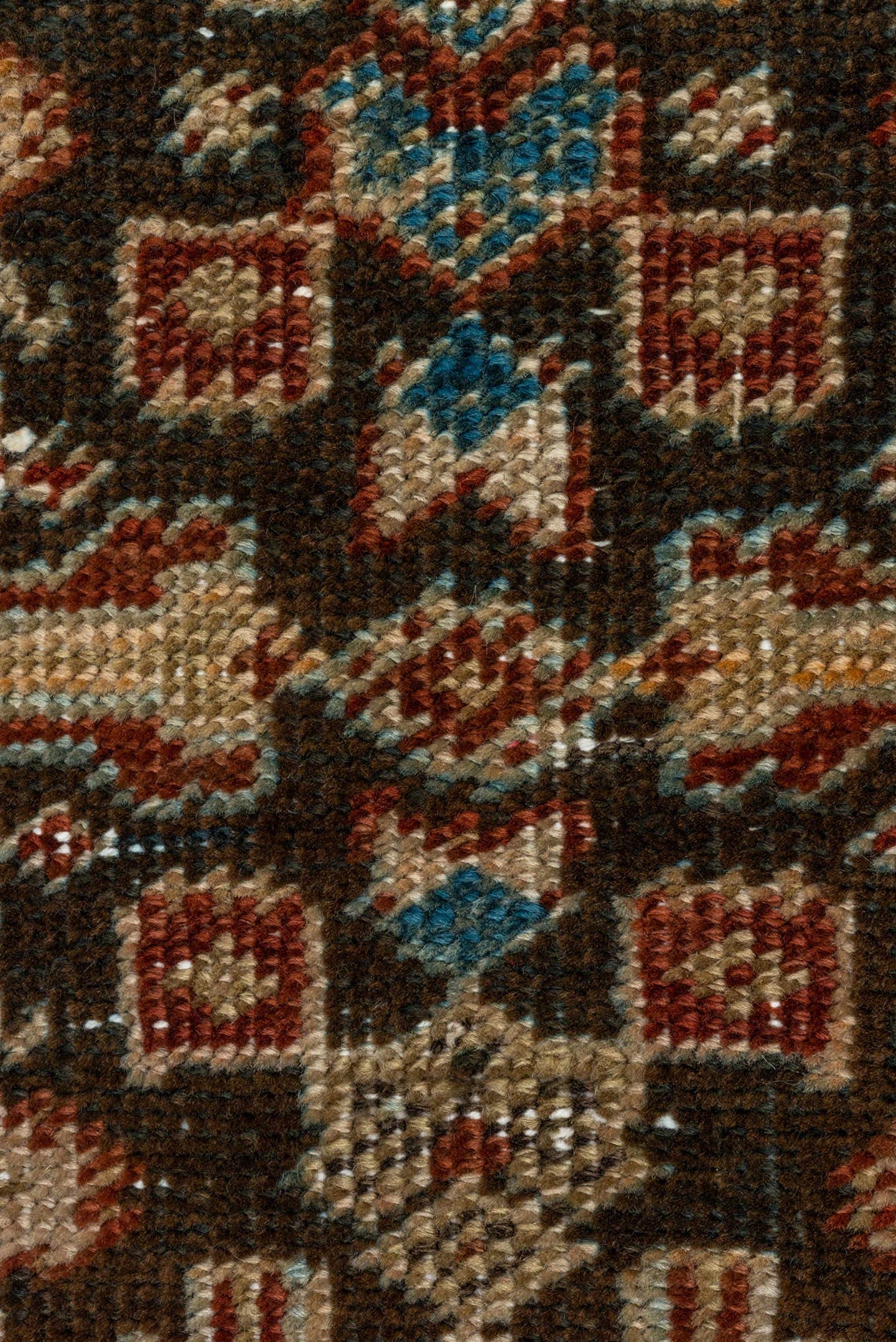 3' x 11' one-of-a-kind handmade antique Karabagh runner rug. Color palette: rust, ivory, charcoal, sky_blue, taupe, camel