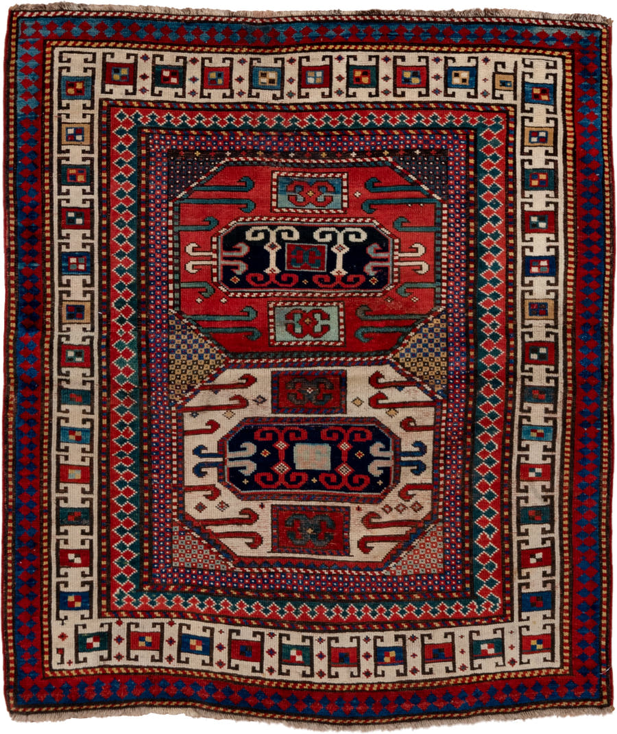 4' x 4' one-of-a-kind handmade antique Kazak small size rug. Color palette: ivory, red, navy, cobalt, teal, crimson, camel