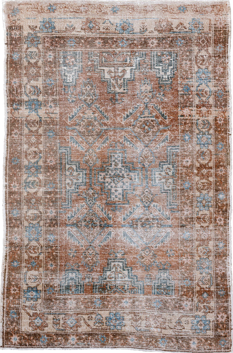 3' x 5' one-of-a-kind handmade vintage Afshar small size rug. Color palette: blue, brown, dark gray, dim gray, gray