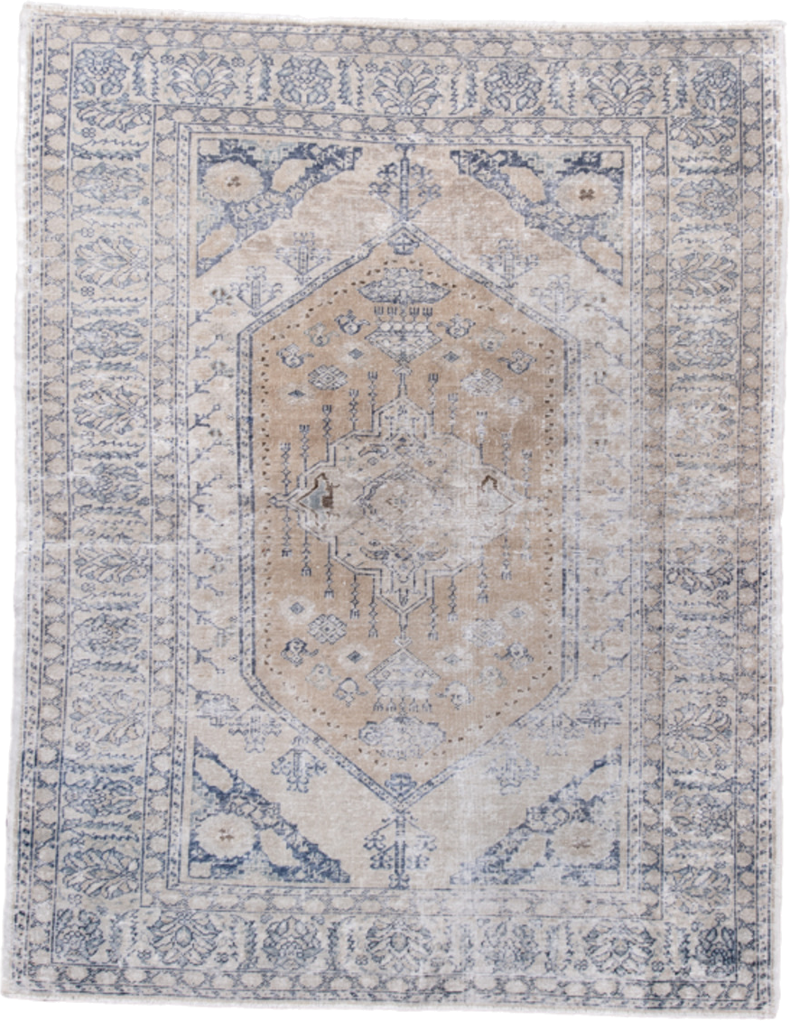 4' x 5' one-of-a-kind handmade antique Kaisary small size rug. Color palette: ivory, beige, pale blue, taupe, slate