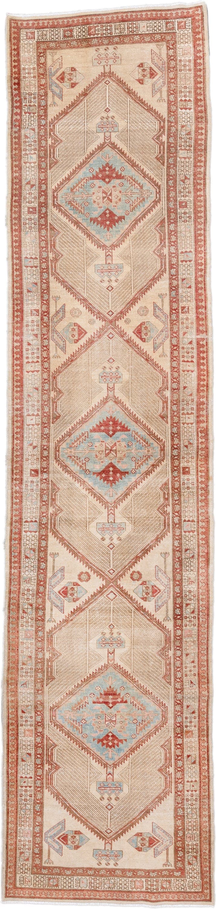 2' x 12' one-of-a-kind handmade antique Sarab runner rug. Color palette: ivory, rust, sky blue, camel, terra cotta, taupe