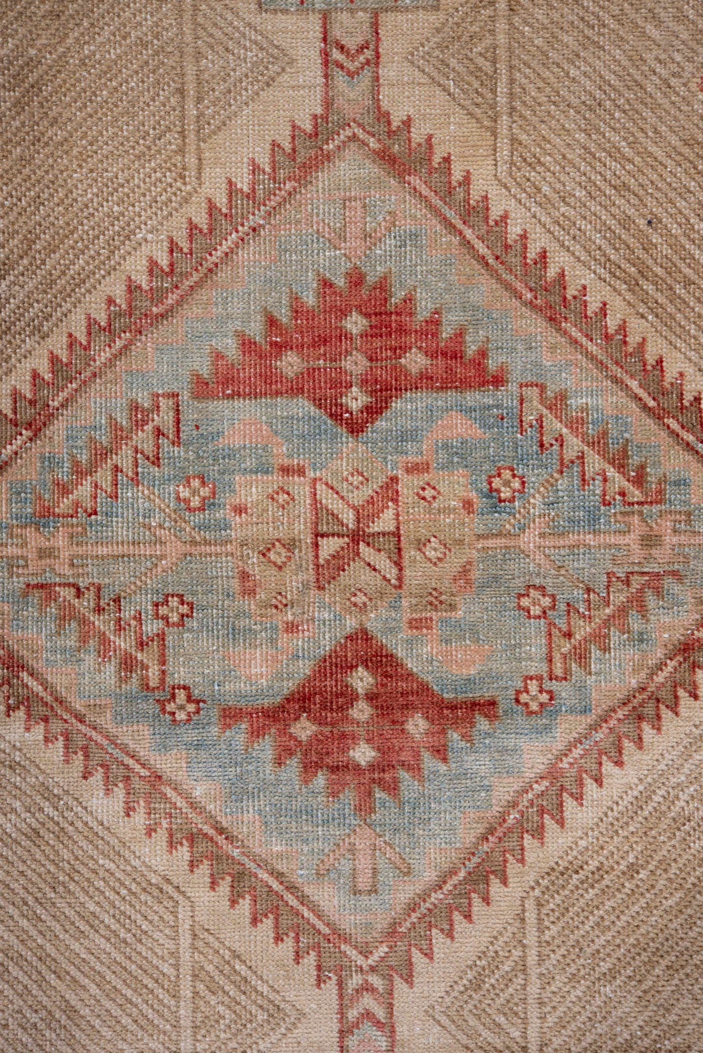 2' x 12' one-of-a-kind handmade antique Sarab runner rug. Color palette: ivory, rust, sky blue, camel, terra cotta, taupe