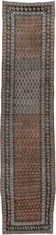 3' x 14' one-of-a-kind handmade antique Malayer runner rug. Color palette: ivory, rust, charcoal, taupe, camel, brown, slate