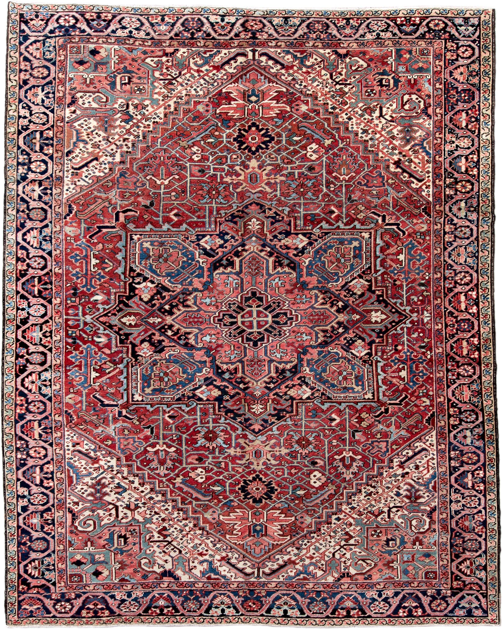 9' x 12' one-of-a-kind handmade vintage Heriz large size rug. Color palette: rust, navy, ivory, coral, slate_blue, rose