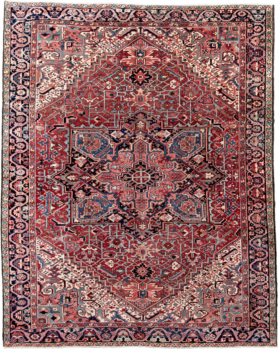 9' x 12' one-of-a-kind handmade vintage Heriz large size rug. Color palette: rust, navy, ivory, coral, slate_blue, rose