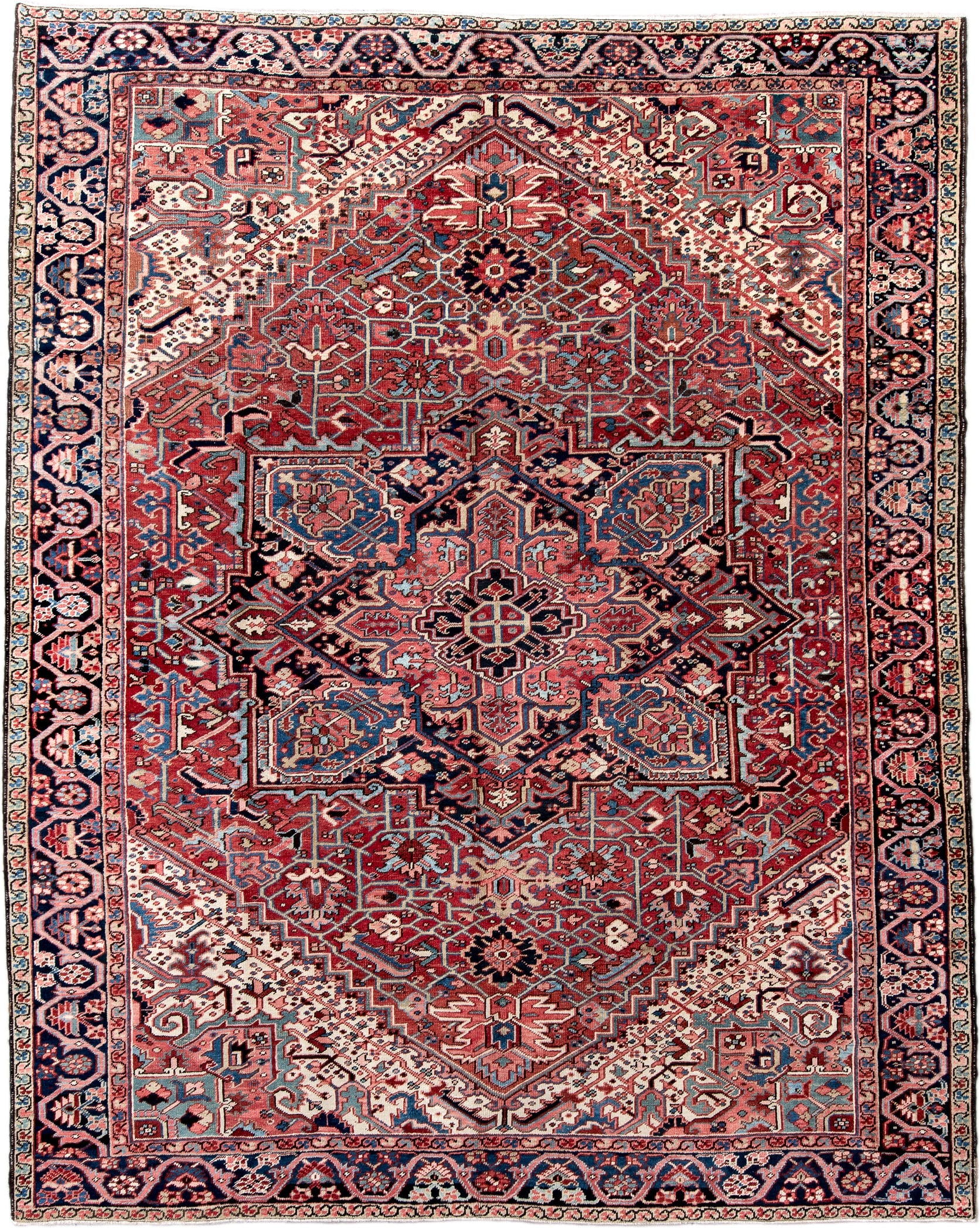 9' x 12' one-of-a-kind handmade vintage Heriz large size rug. Color palette: rust, navy, ivory, coral, slate_blue, rose
